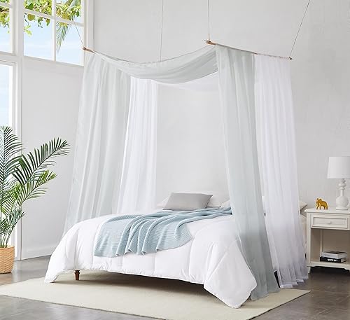 Warm Home Designs Juego de 2 cortinas de cama blancas y plateadas de 55 x 104 pulgadas 2 cortinas de toldo de cama individual que se pueden