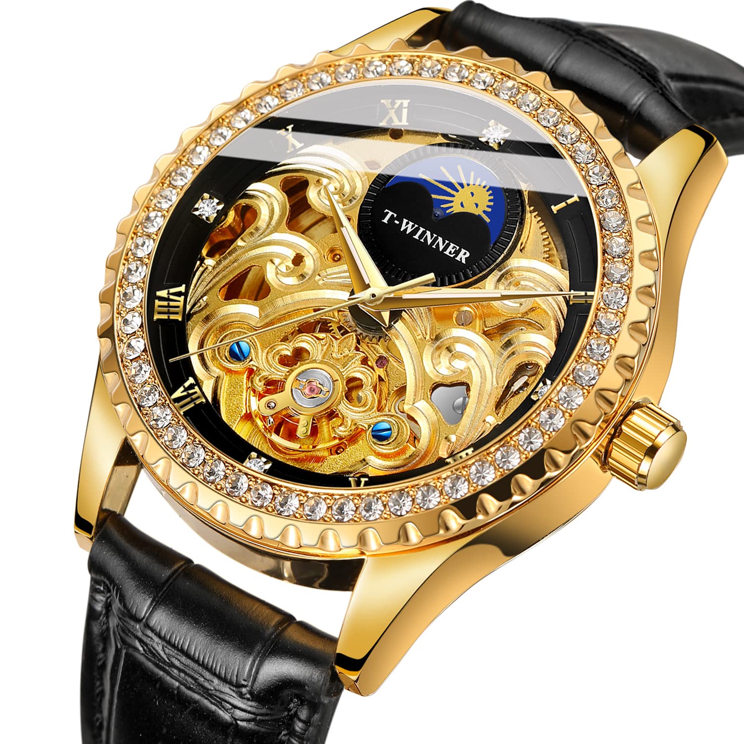 Forsining Herren-Armbanduhr wasserdicht automatisch selbstaufziehend Mondphase Diamant-Zifferblatt Lederband Tourbillon-Armbanduhr