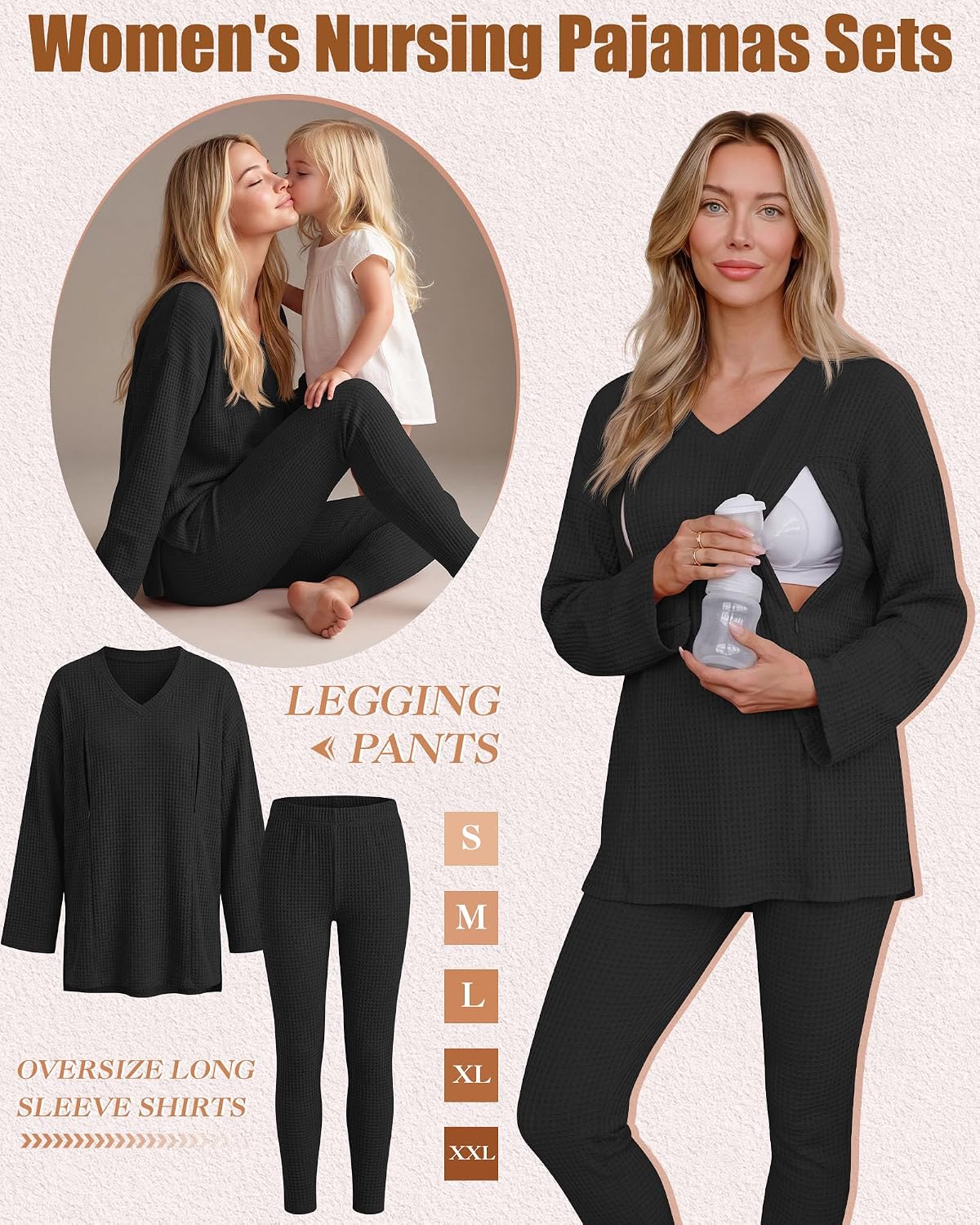 Neer 2 Pcs Maternity Nursing Pajamas Sets Waffle Breastfeeding Postpartum Outfits Oversize Long Sleeve Shirts Legging Pants
