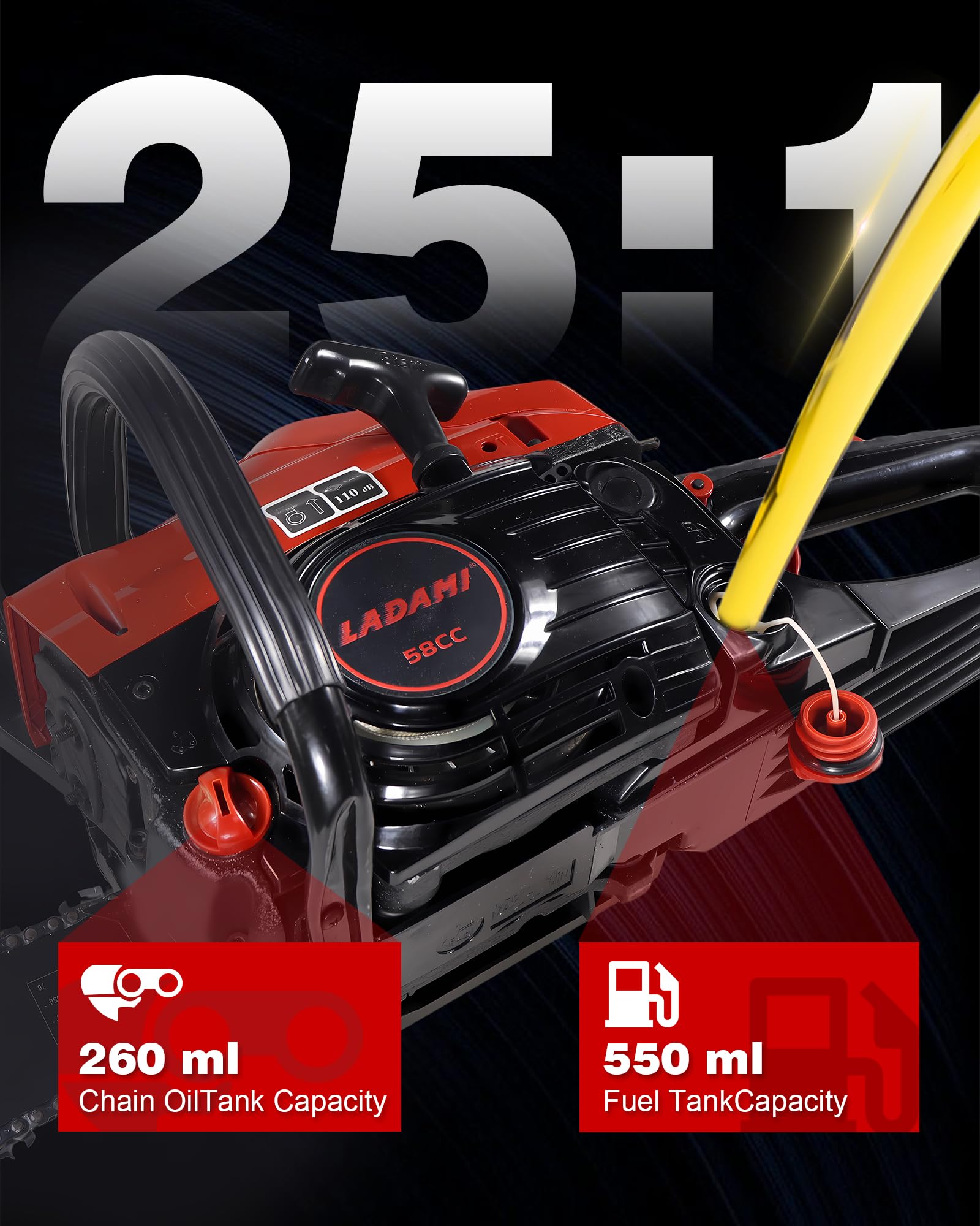 Benzin Kettensäge 58CC Profi,2-Takt-Motorsäge,3,5PS Motorkettensäge mit 20 Zoll&16 Zoll Schwert,2 Ketten,Vibrationsdämpfung,Sicherheitsschalter,Benzin-Baumpflegesäge für Holzfällen,Gartenarbeit