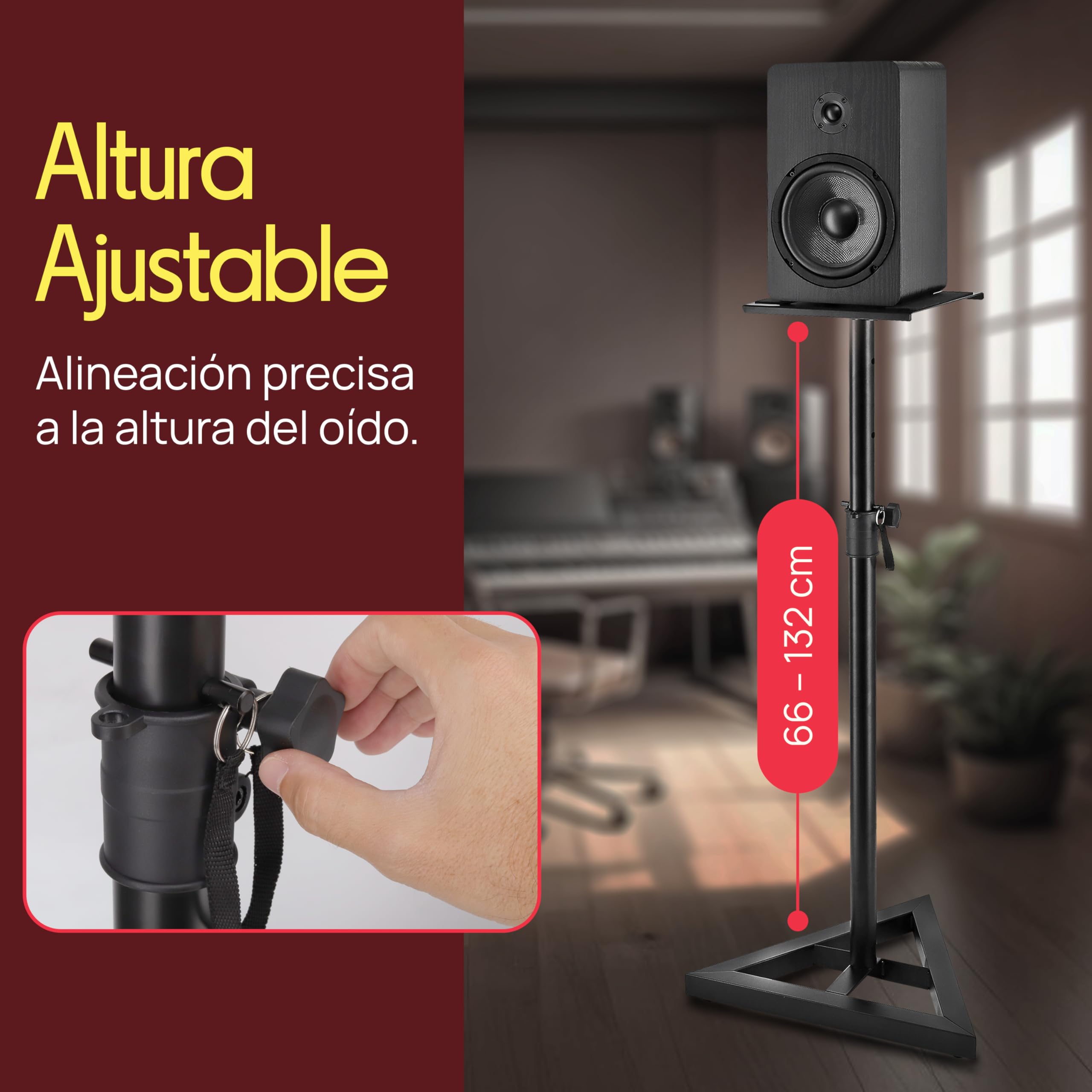 Pyle Soporte Altavoz Suelo, Base Triangular, pies para monitores de Estudio, Altura Ajustable de 26” a 52”. Color Negro. 1 par