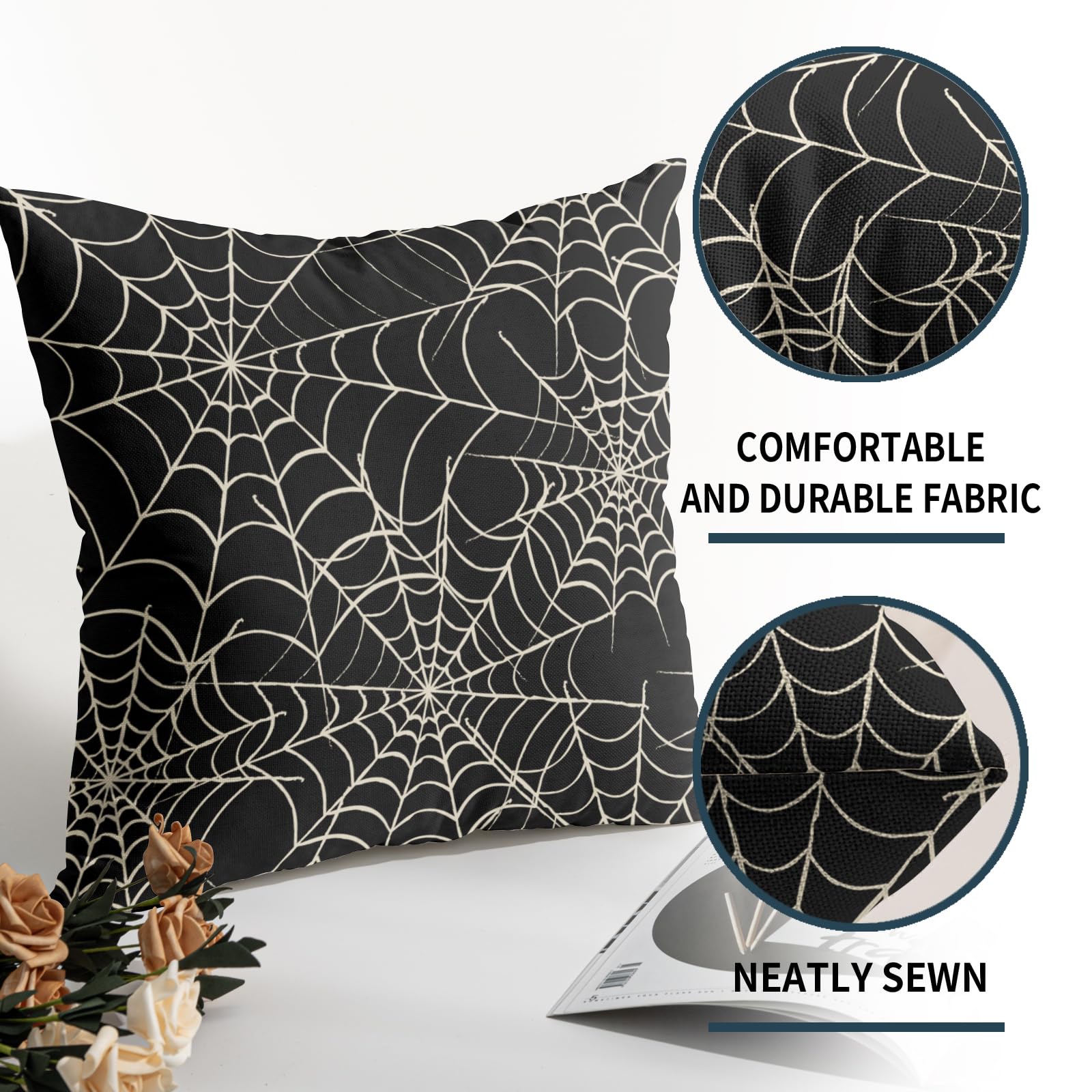 Halloween Spider Web Pillow Covers Set Of 2 - 18x18 Inch, Linen Blend, Hidden Zipper - View #5