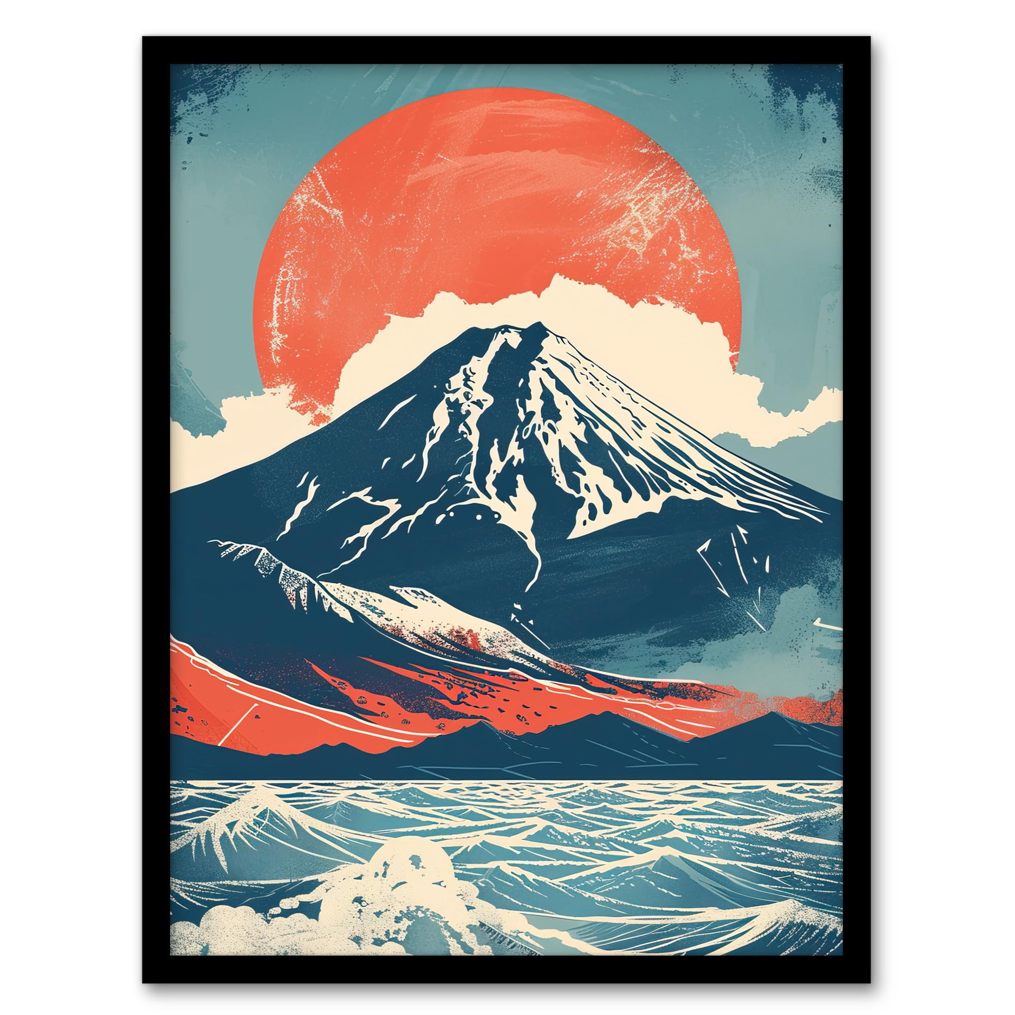 Artery8 Mount Fuji Sun Japanese Bold Artwork Blue Orange Living Room Artwork Framed Wall Art Print A4