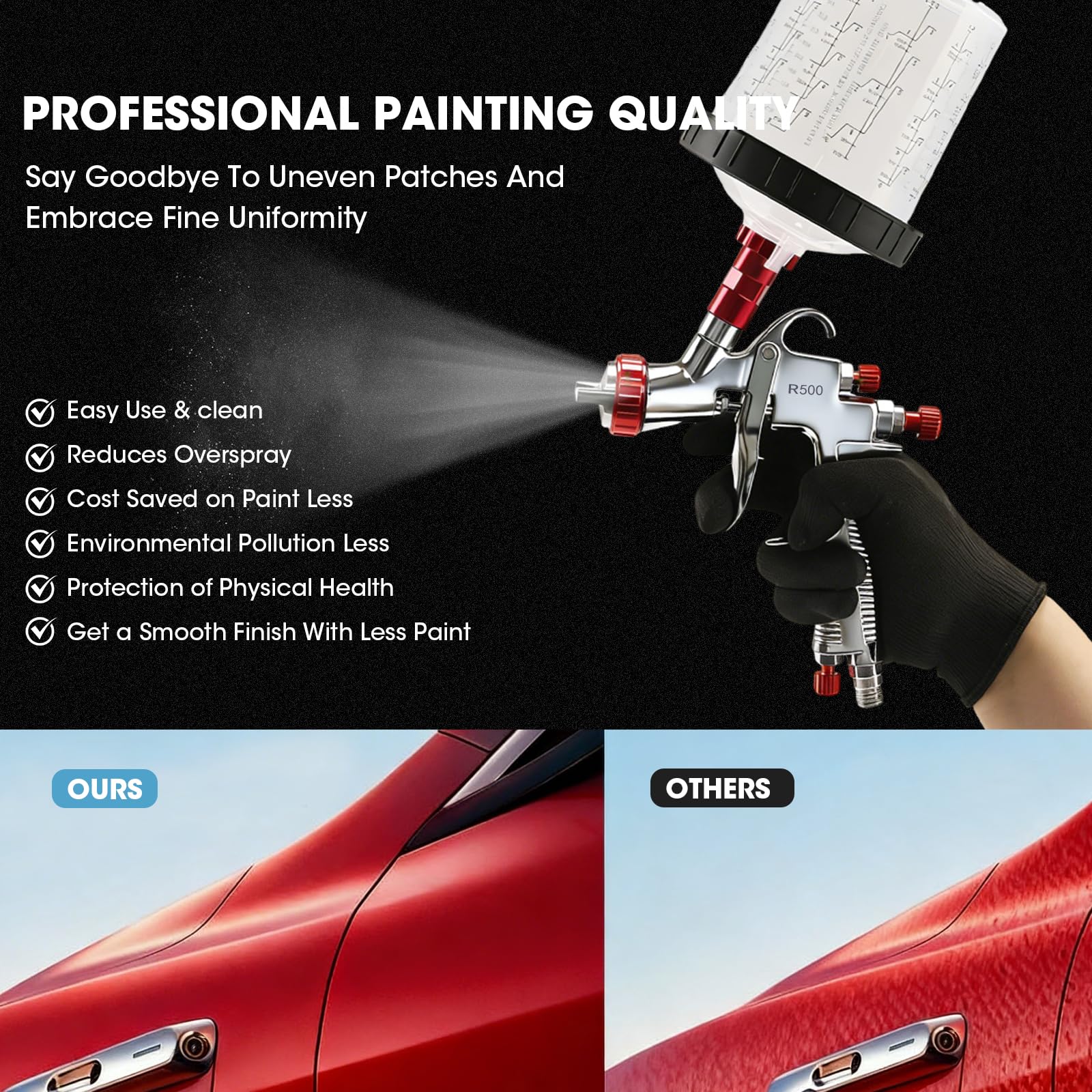 R500 LVLP - Pistola a spruzzo con tazza di miscelazione da 600 ml e 10 tazze usa e getta, ugelli da 1,3/1,5/1,7 mm, pistola professionale per auto, mobili, casa, recinzioni, vernici e top coat