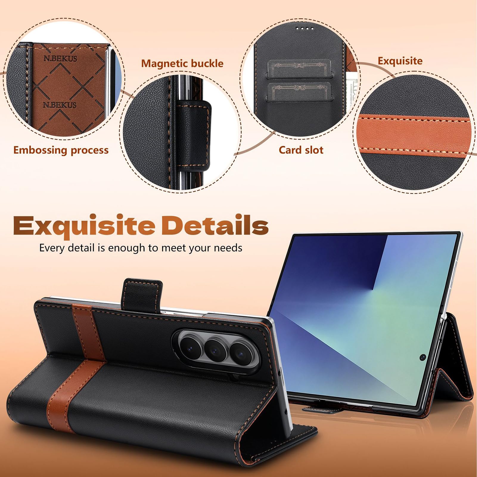 Etui biznesowe do Samsung Galaxy Z Fold 8 Ultra, skórzane etui na karty z klapką foliowana stojąca powłoka magnetyczne zamknięcie miękkie TPU osłona krawędzi ochrona przed upadkiem (fioletowe)