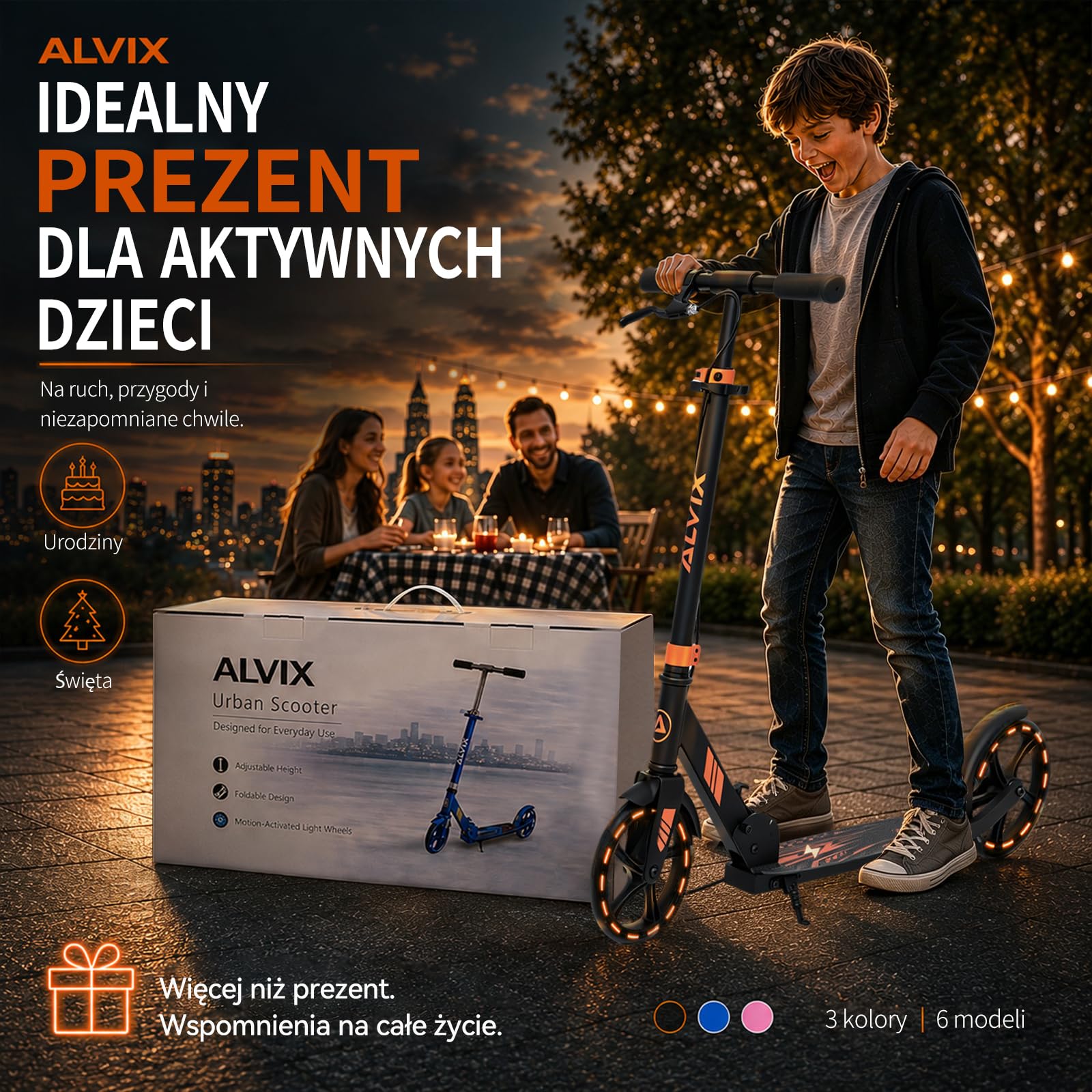 ALVIX Hulajnoga dziecięca z hamulcem ręcznym i kołami LED, regulowana wysokość, kółka 200 mm, składany wałek z paskiem do noszenia, szeroki pokład do 100 kg