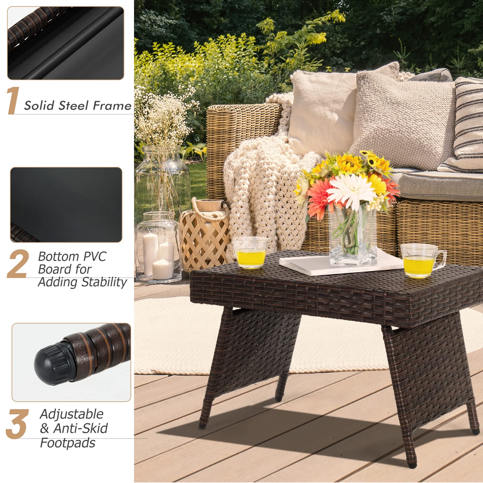 LIFEZEAL Mesa de Café de Ratán, Mesa Plegable con Estructura de Acero & Almohadillas para Pies Ajustables, Mesa Baja para terraza, jardín, Junto a la Piscina, 60 x 40 x 40 cm