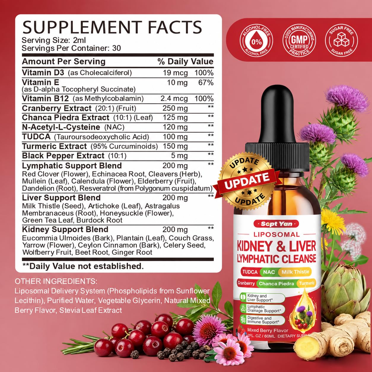 32-in-1 Kidney & Liver, Lymph Cleanse Detox & Repair Drops with Cranberry, Milk Thistle, Chanca Piedra for Lymphatic Drainage, Kidney & Live, Urinary Tract Support, Mixed Berry Flavor, 2 Fl Oz — Amazon image 2