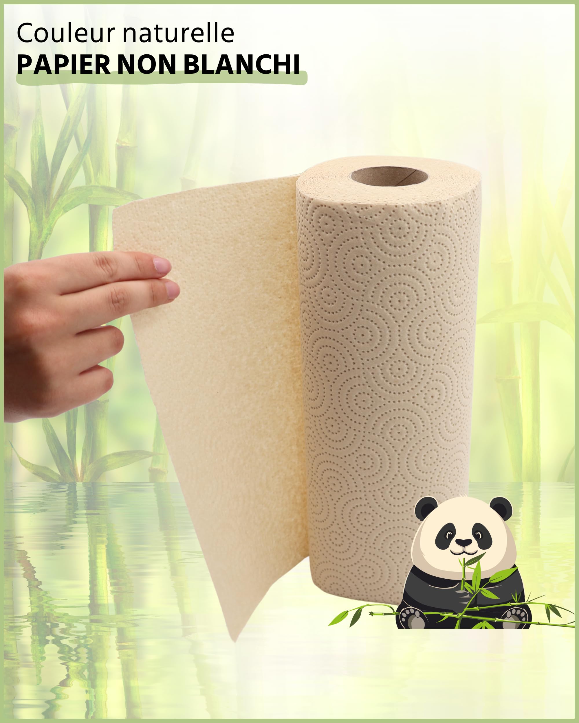 œcolife Lot de 48 Rouleaux d'Essuie-Tout en Bambou - 45 Feuilles par Rouleau - 3 Couches - Cellulose Écologique Non Blanchi aux Propriétés Antibactériennes