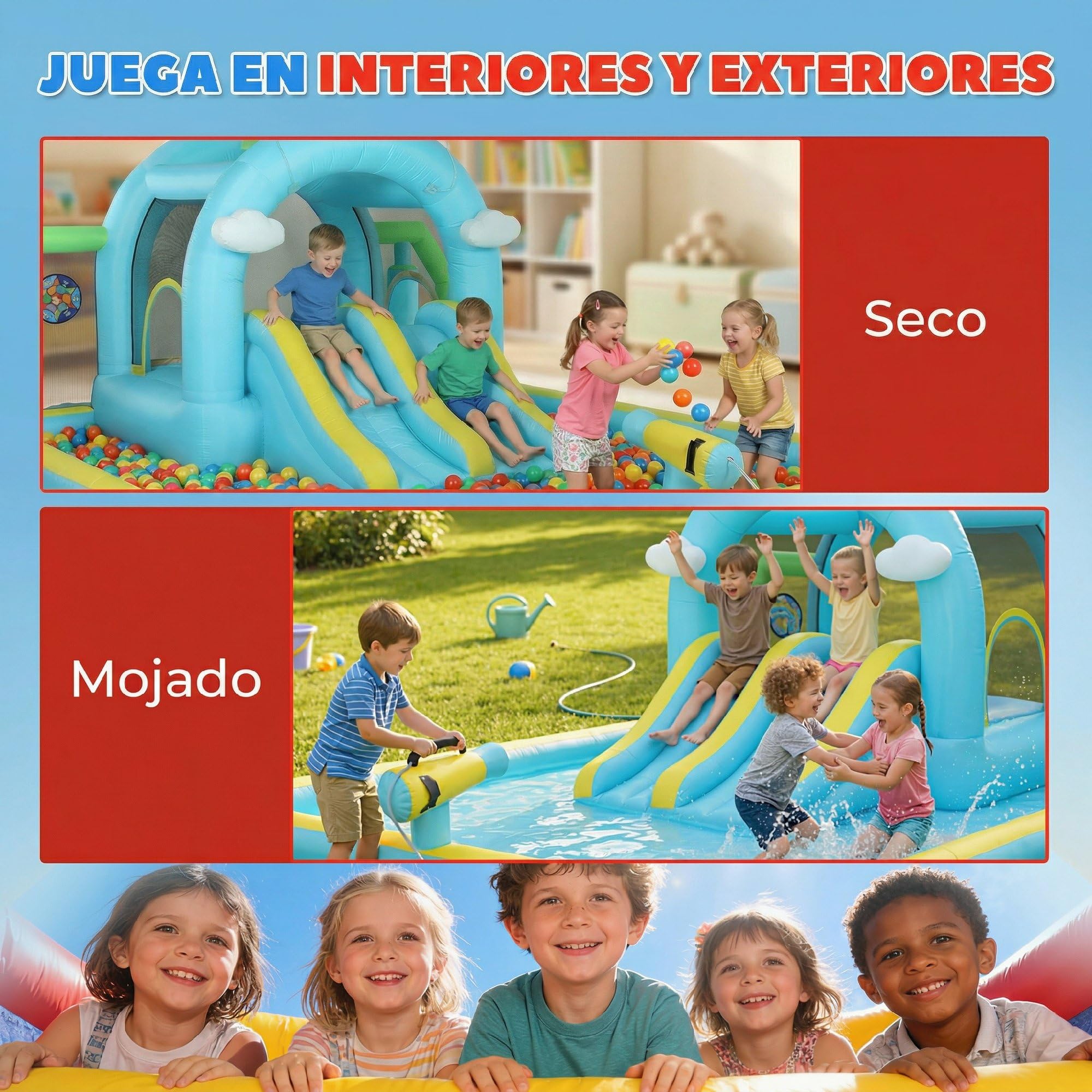 AIYAPLAY Castillo Hinchable Grande Acuático 7 en 1 con Soplador 450W Hinchable para Niños con Tobogán Seco/Agua, Trampolín, Piscina, Canasta, Columna de Boxeo Exterior/Interior 3-8 Años 426x360x198 cm
