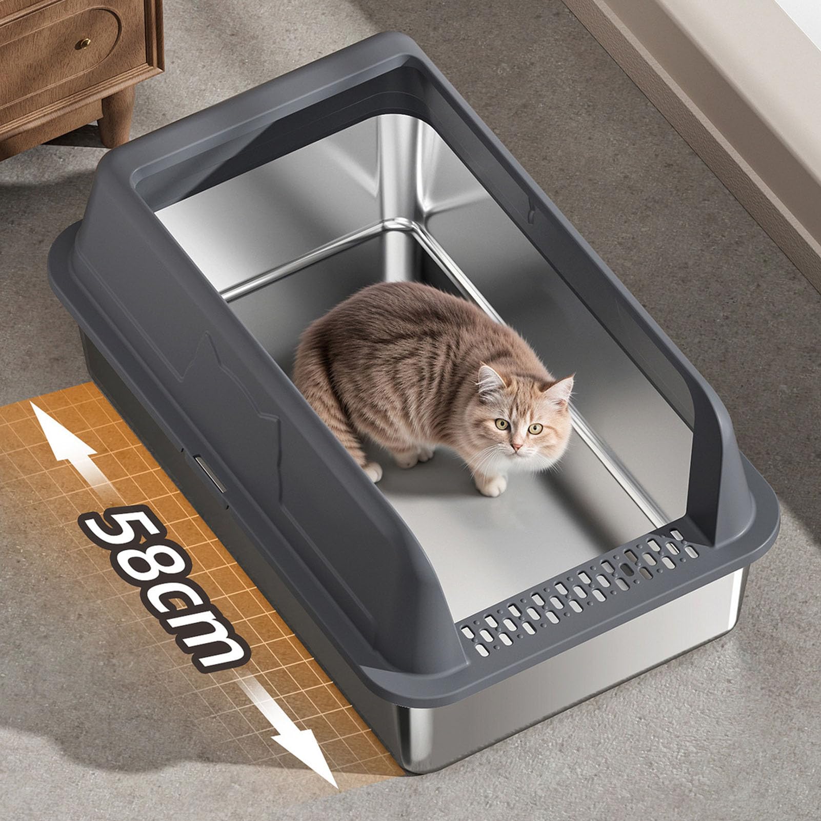 Luocute Arenero Extragrande de Acero Inoxidable para Gatos, Cerrado, Tapado, Sellado, Diseño de Laterales Altos, Antifugas, Fácil de Limpiar, para Gatos Grandes, Uso en Interiores. (Gris Oscuro)