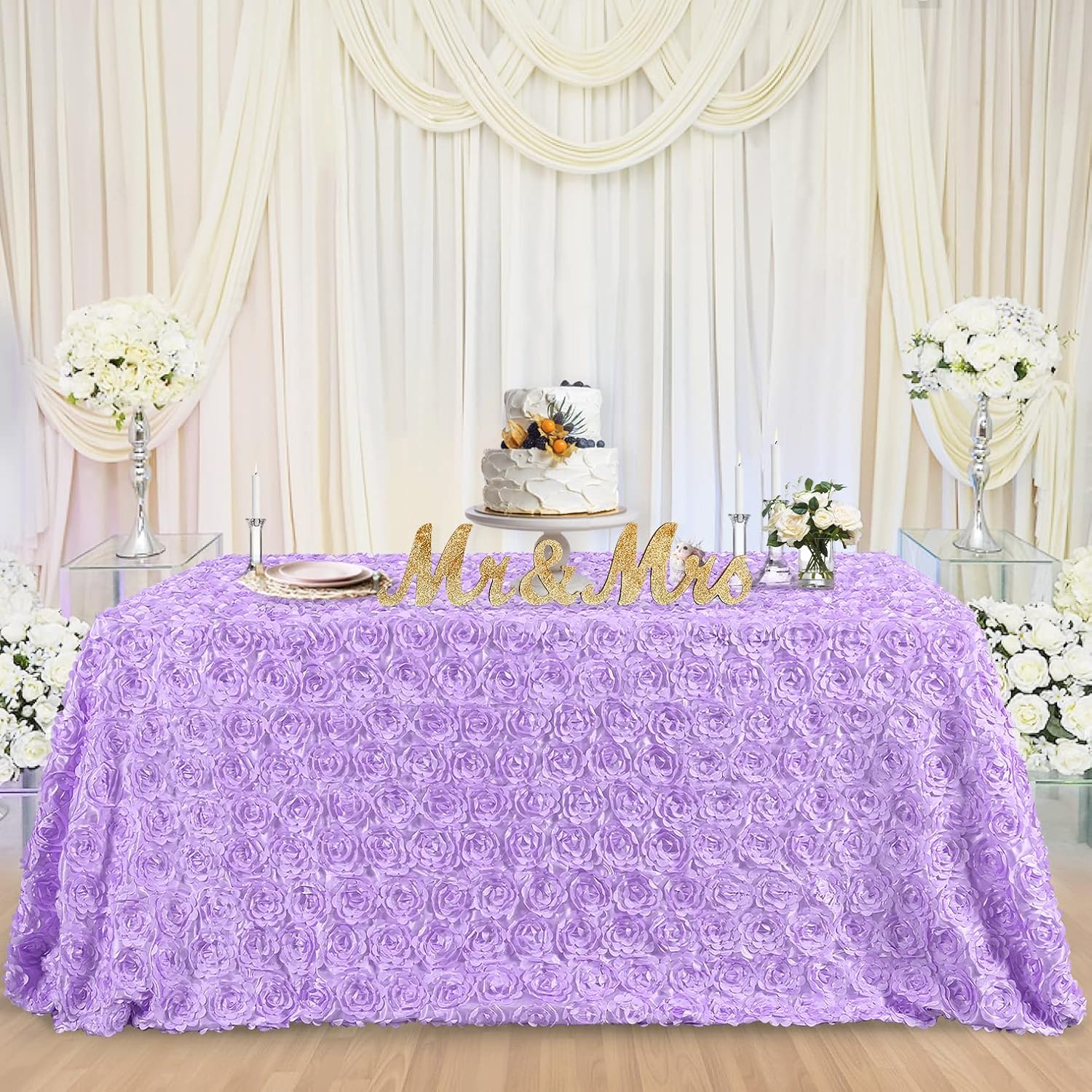 B-COOL 3D Floral Tablecloths 90x132 Inch Wedding Rosette Lavender Tablecloth Rose Table Linen for Sweetheart Baby Shower Bachelorette Prom Table Decoration