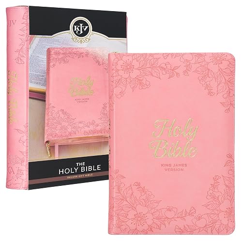 KJV Holy Bible, Standard Size Faux Leather Red Letter Edition Thumb Index, Ribbon Marker, King James Version, Pink Floral Zipper Closure (KJV Deluxe Gift Editions)