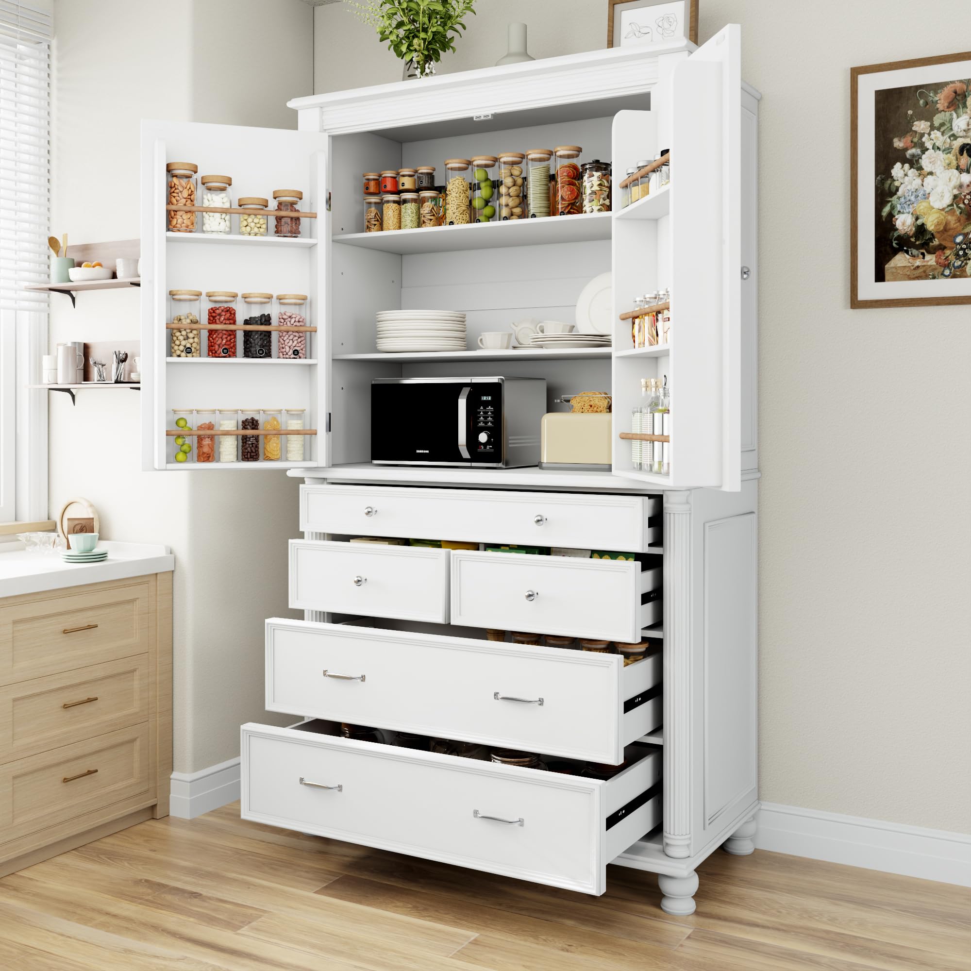 Ball &amp; Cast 77″Tall Freestanding Kitchen Pantry Cabinet with 5 Drawers,43" W Versatile Farmhouse Pantry Storage Cabinet w/Adjustable Shelves and 6 Door Shelves,for Kitchen and Dining Room,White