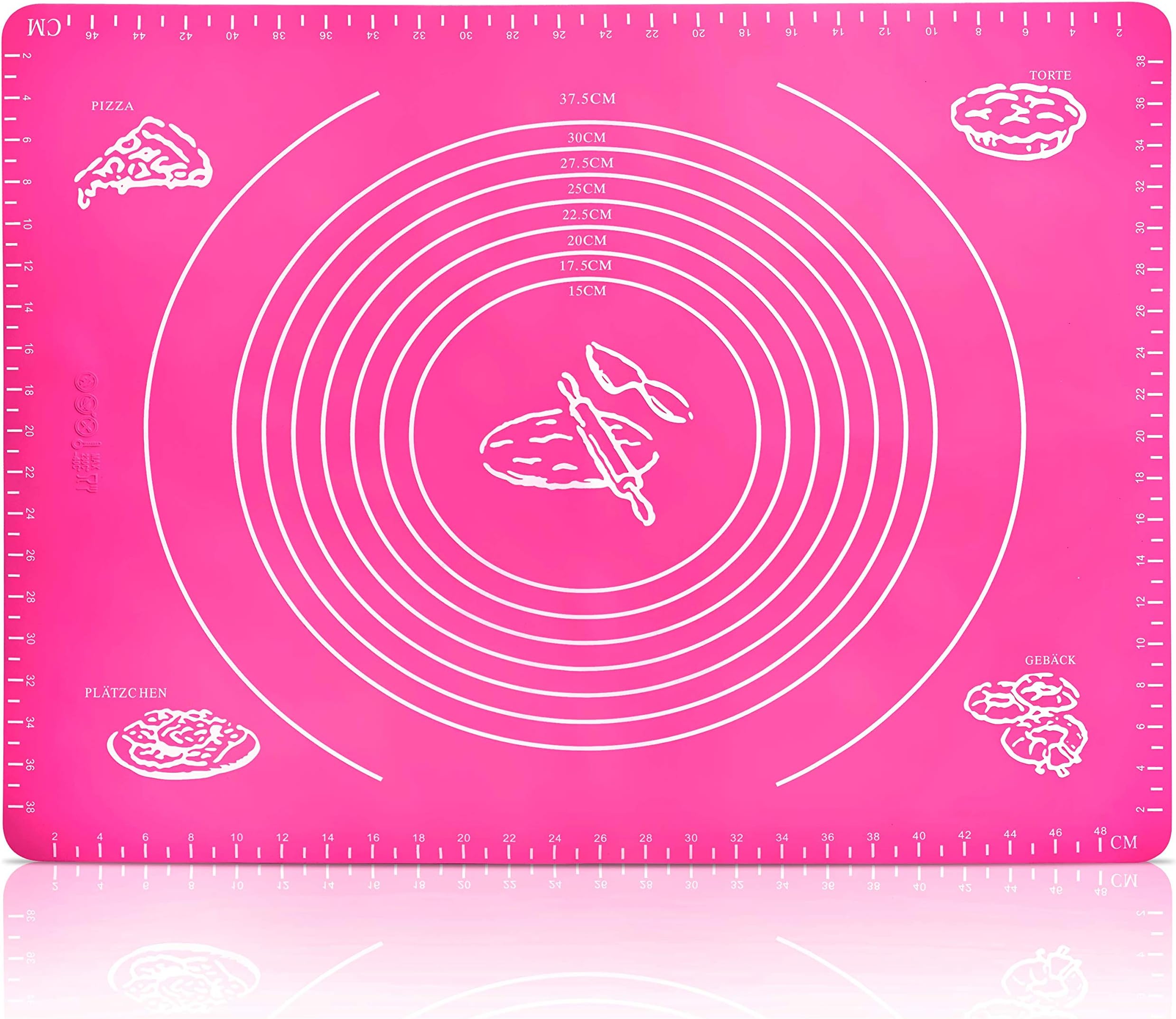 Large Dough Mat, Silicone Rolling Mat, Heat Resistant, Baking Mat for Pizza, Fondant, Baking, Kitchen 50x40cm Pink