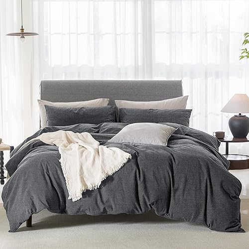 Juego de funda de edredón con textura de lino 100% tela de algodón, duradera, transpirable, natural, tacto elegante (gris oscuro, Queen)