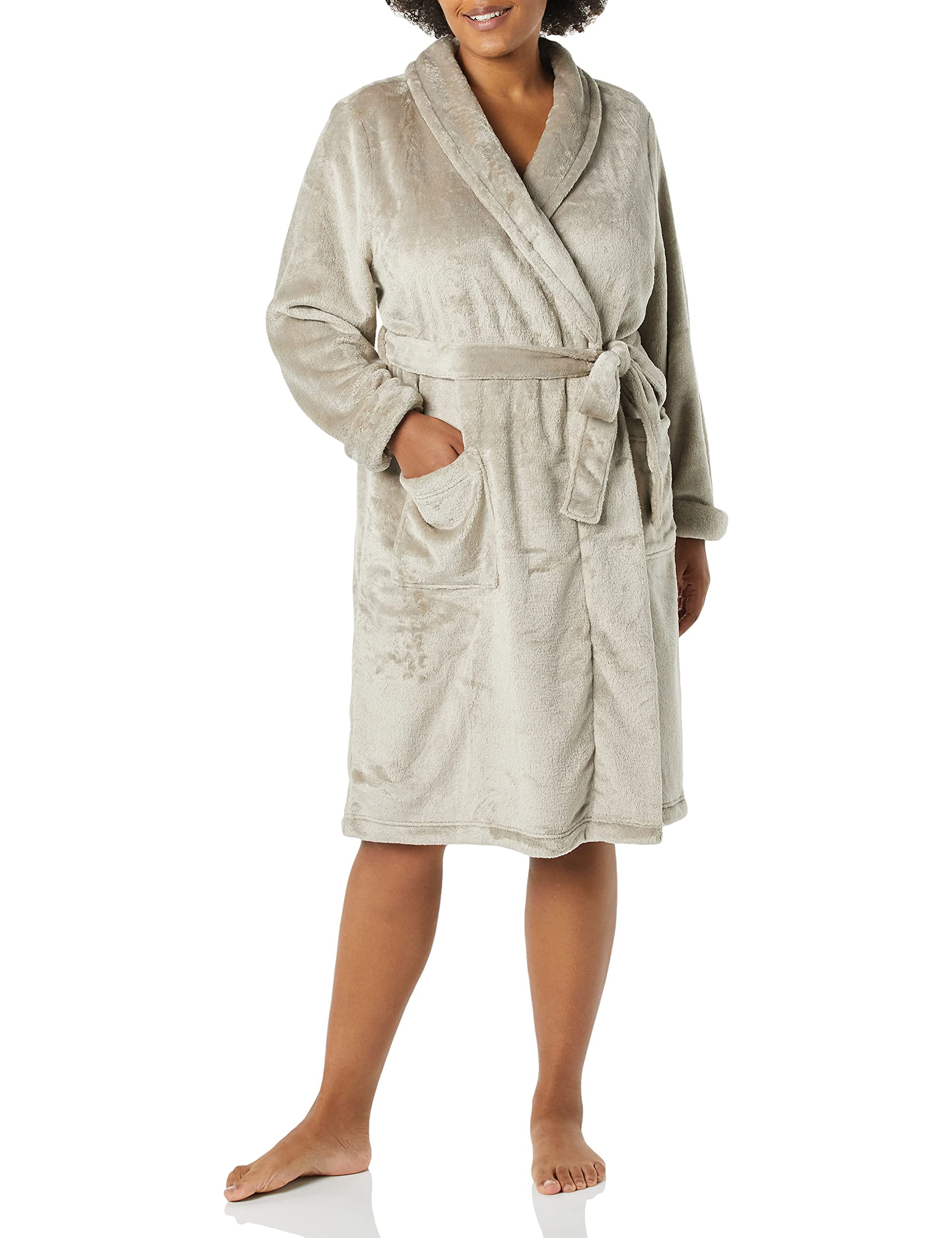 Amazon Essentials Women's Mid-Length Plush Bath Robe, Loungewear (Available in Plus Size), Grey, Large