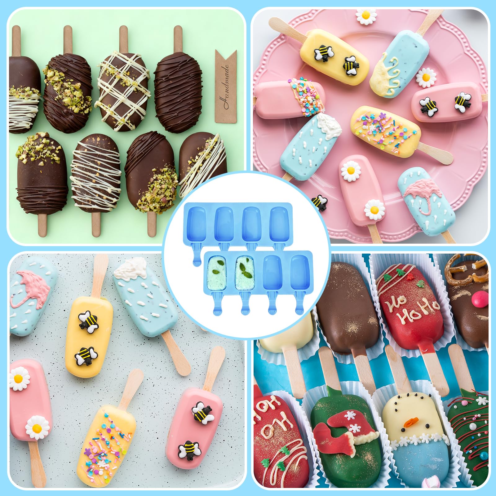 Silikonform für Eis am Stiel, 4 Mulden, ovale Cake-Pops-Form mit 150 Holzstäbchen für selbstgemachte Eiscreme, Eis, Kuchen, Rosa, Blau, Grün, 3 Stück