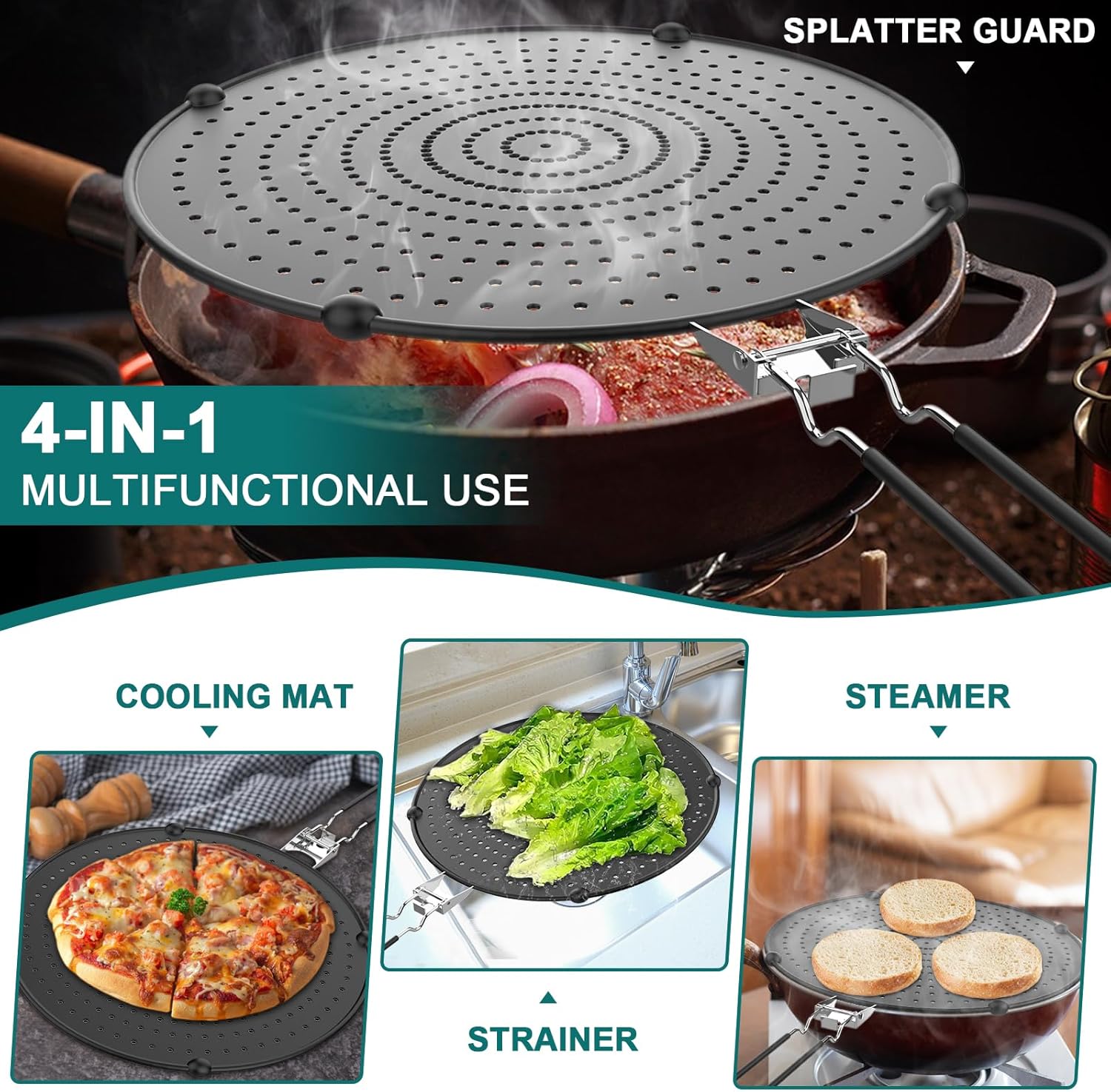 XULRKOS 13 Silicone Splatter Screen for Frying Pan, Grease Splatter Guard with Folding Handle