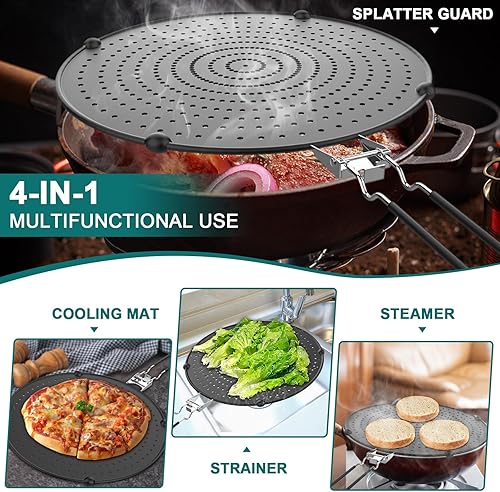 Vista 5 de 13’’ Silicone Splatter Screen for Frying Pan, Grease Splatter Guard with Folding Handle, Heat Resistant by Heat Insulation Cooling Mat, Food Grade