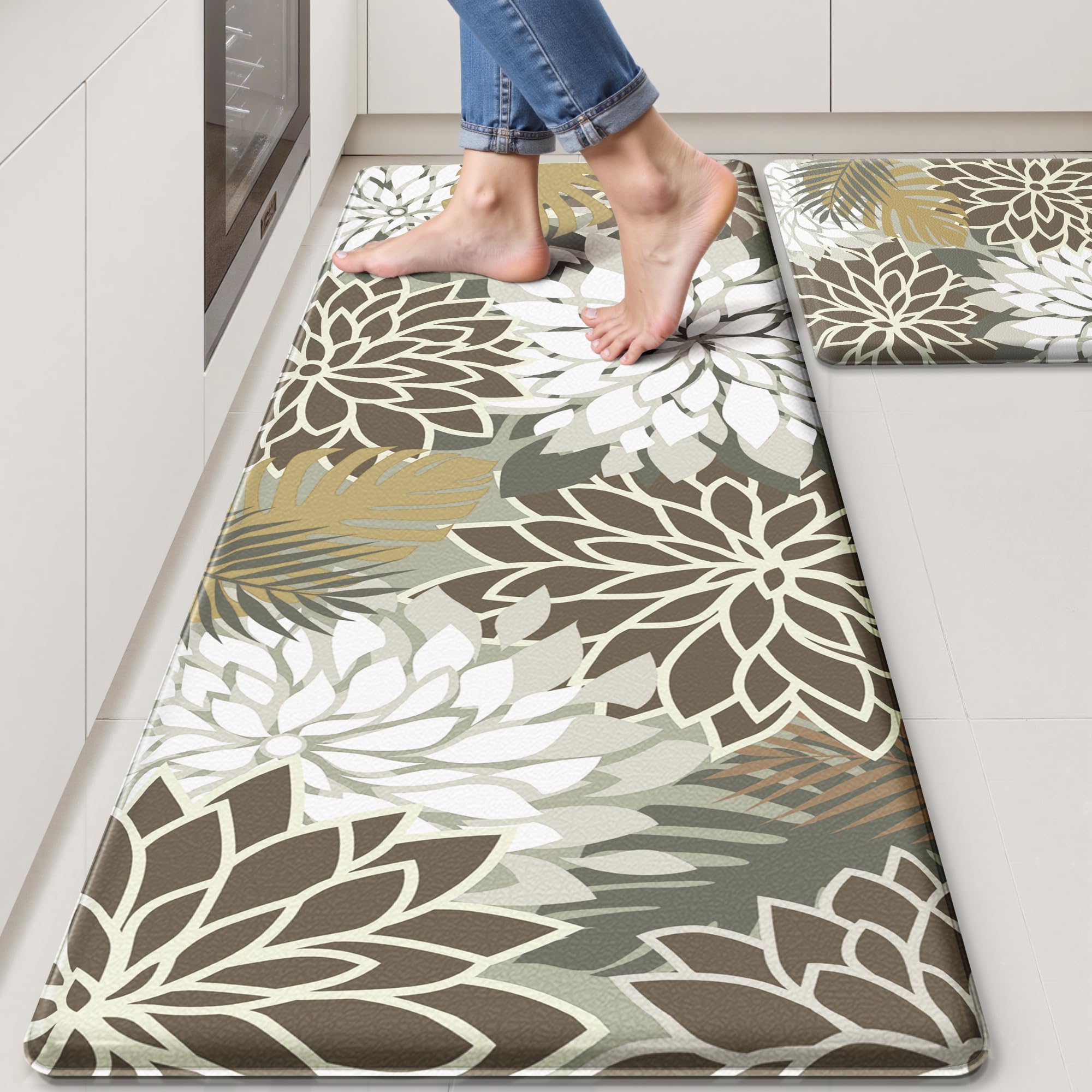 Arenarug Kitchen Mats for Floor 2 Piece Cushioned Anti Fatigue Kitchen Mats Waterproof Non Slip Kitchen Mat Rug Set Comfort Foam Standing Mat for Sink, Laundry, Office, Black White: Brown White 17.3"x30"+17.3"x59"-0.4 inch