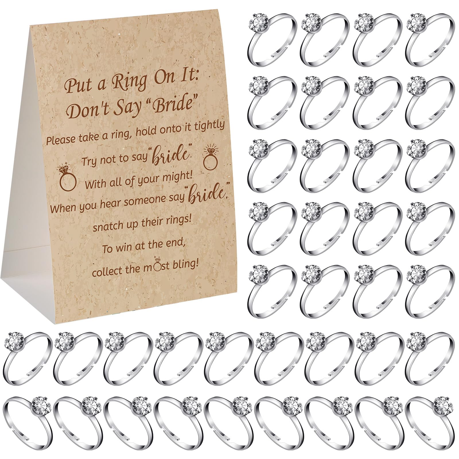 Woanger Put a Ring on It Bridal Shower Game with 50 Fake Rings, Rustic Greenery Theme Wedding Shower Games Wedding and Engagement Rings and Not Say Bride Rules Cards (Brown,Rustic)