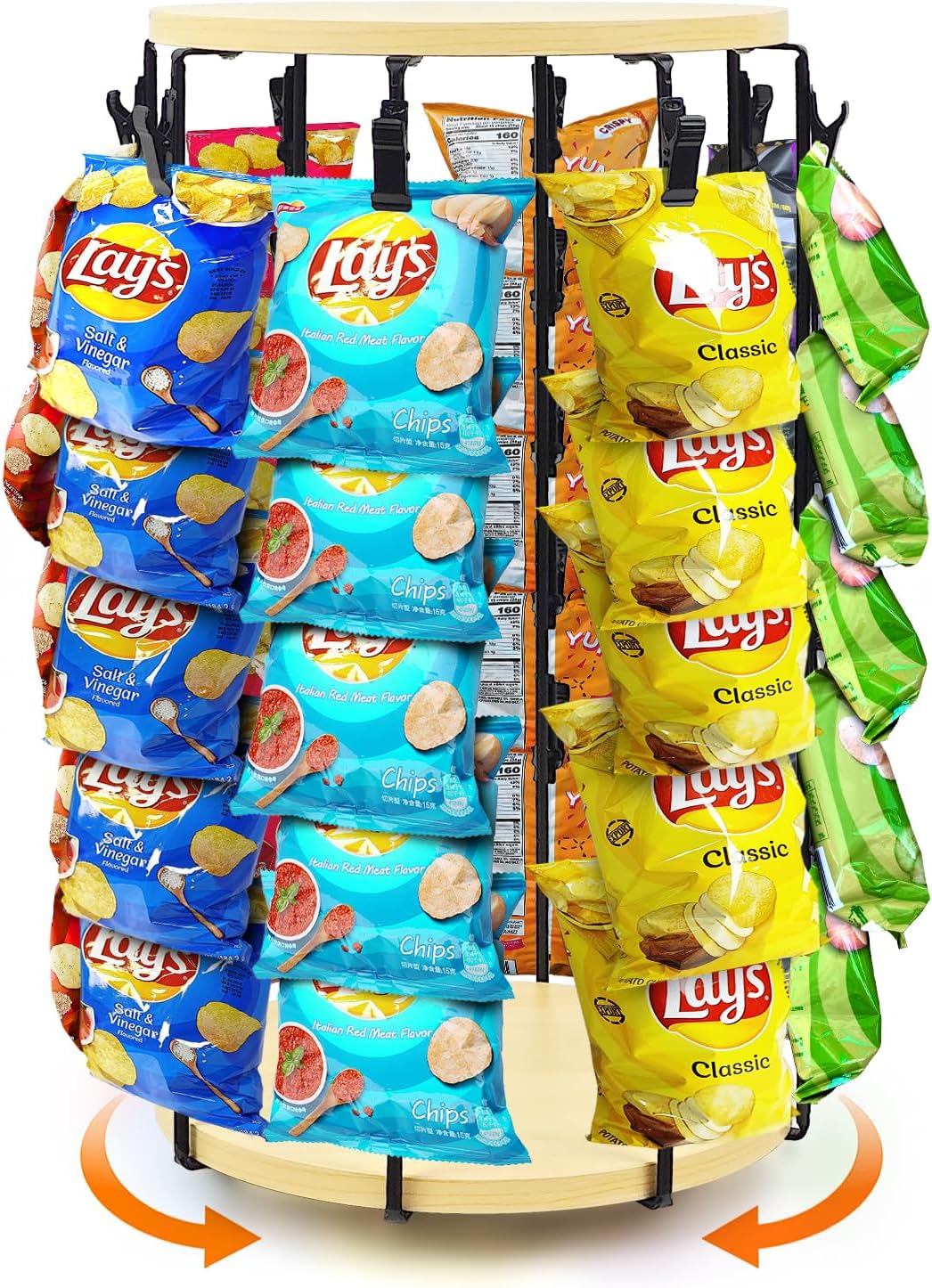 Chip Rack Display Stand, 5 Tier 40 Clips Snack Organizer with Rotating Wooden Base, Chip Holder Stand Candy Display for Countertop, Concession Stand, Party, Retail, Office Snack Display Rack