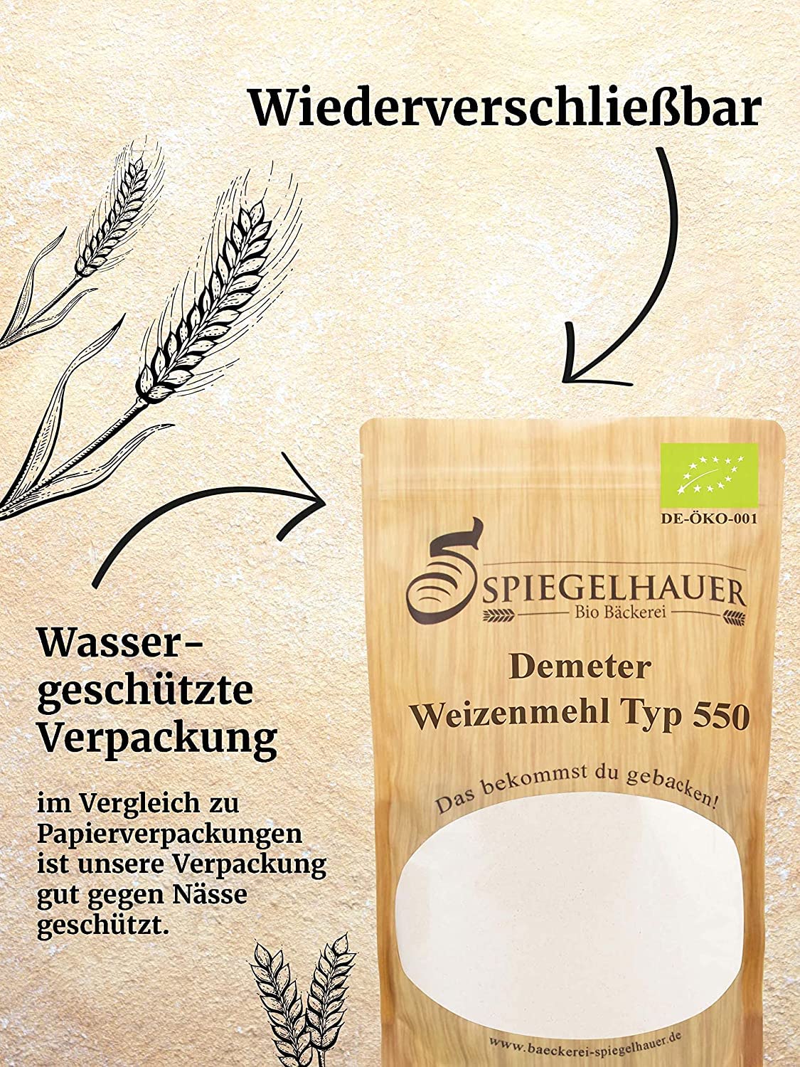 Bäckerei Spiegelhauer Sauerteig Starter Set Getrockneter Bio Lievito Madre 200 g, Demeter Weizenmehl Typ 550 1 kg, Teigschaber, Backrahmen aus Ahornholz, Bäckerleinen,…