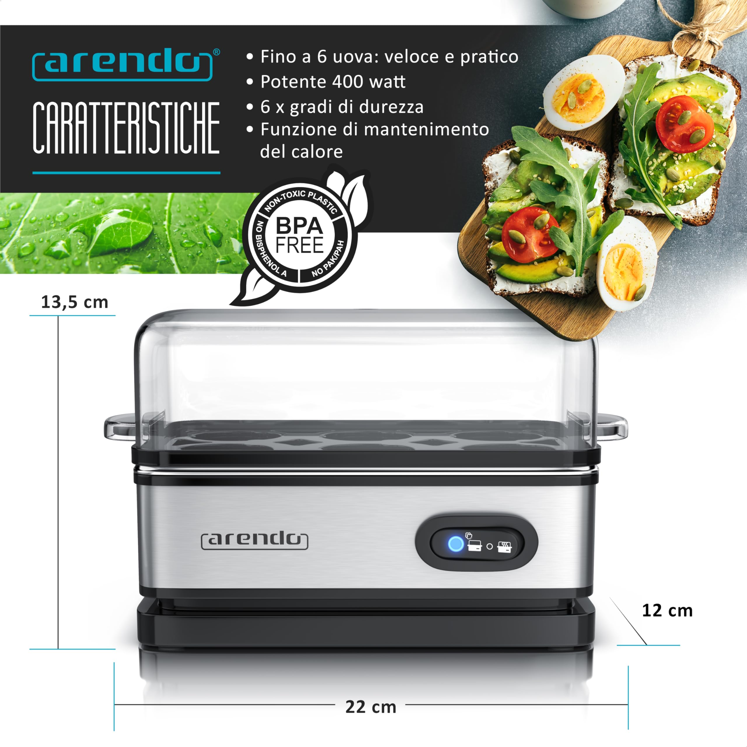 arendo - Cuoci Uova Sixcook in Acciaio Inox - Bollitore per Uova con Funzione di Mantenimento Calore - capacità 1-6 Uova - Interruttore selettore a levetta con Spia