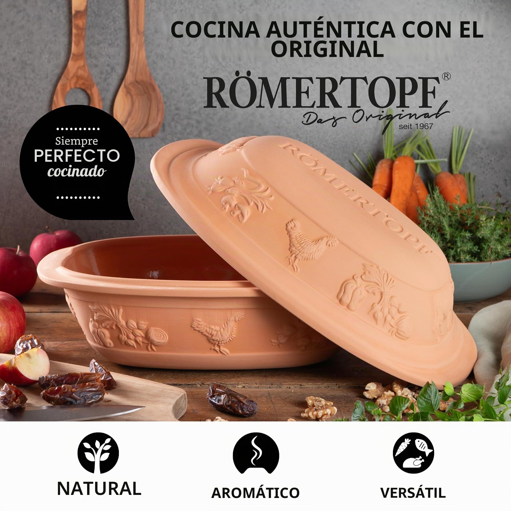 Römertopf RUSTICO – Cazuela de cerámica con tapa para 4 personas, 3 L, para guisar y asar, apta para horno, color beige