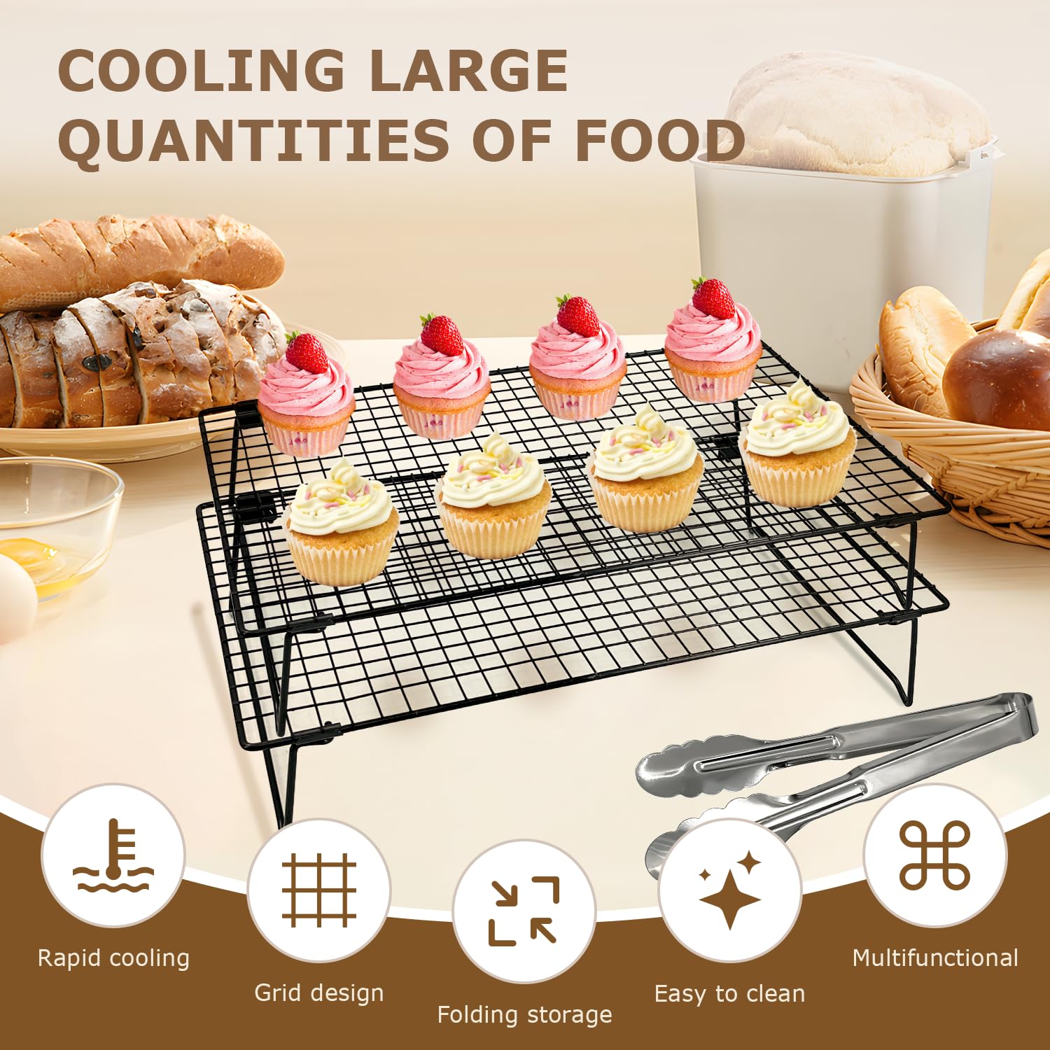 2-Pack 43x28cm Cooling Rack with Collapsible Legs & Stainless Steel Food Tongs - Folding Cooking Baking Grilling Rack for Oven, Drying, Roasting (Black) 3