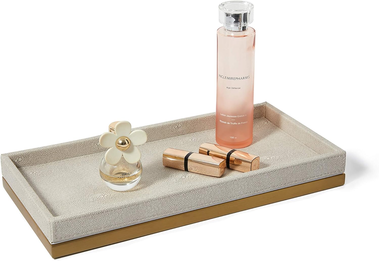 Ivory Faux Shagreen Leather Decorative tray, Vanity tray, Bathroom tray, Organizer Tray for Dresser, Bathroom, Bedroom with Brushed Gold Stainless Steel Base(Ivory Shagreen)