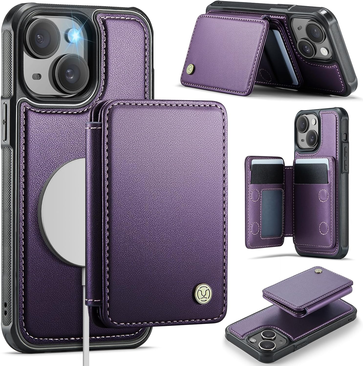 Compatible with Magsafe for iPhone 15 Wallet Case Magnetic Card Holder, RFID Blocking 2 in 1 Detachable Kickstand Shockproof Case for Women Men, Purple
