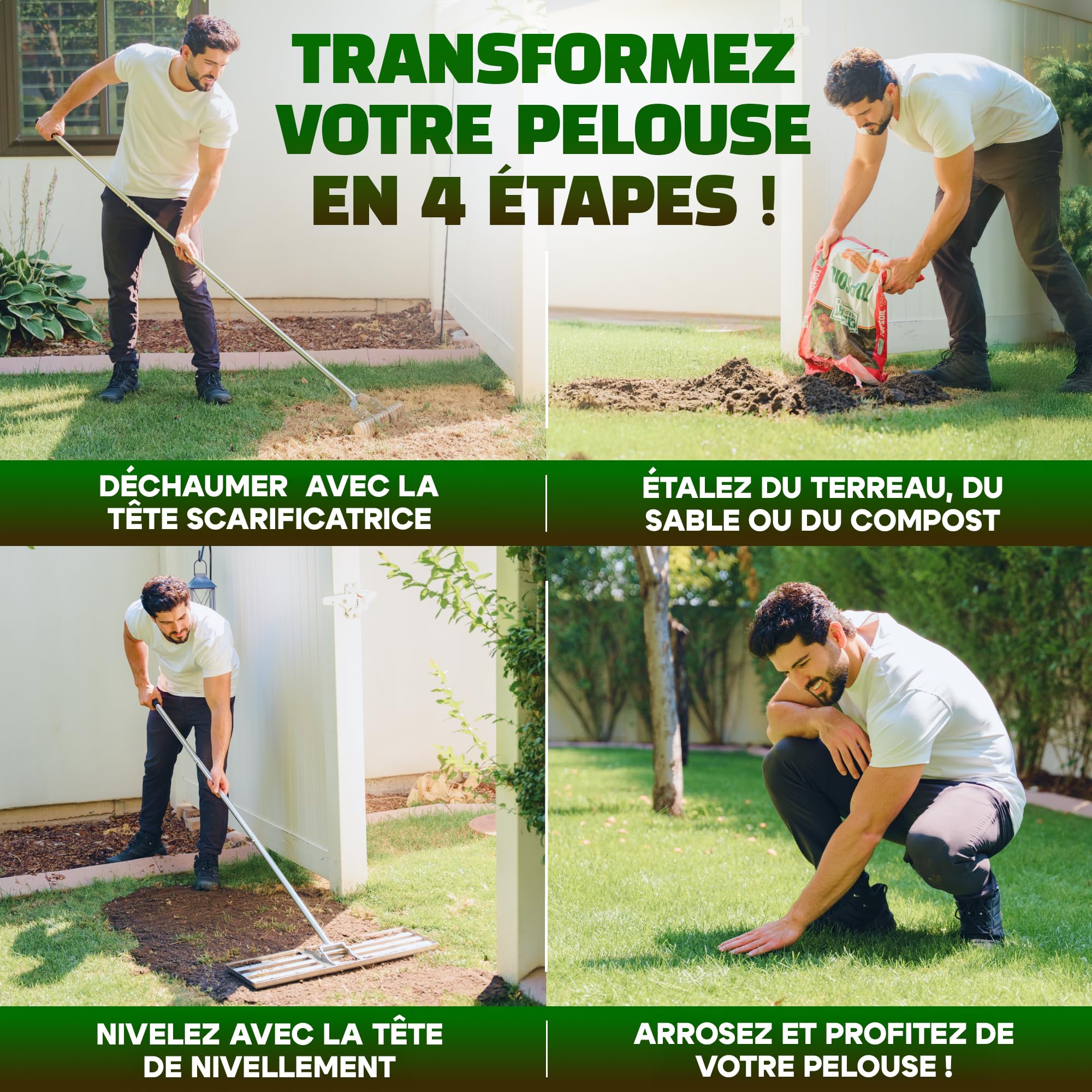 Rateau Nivellement 80x30cm + Scarificateur Gazon & Pelouse