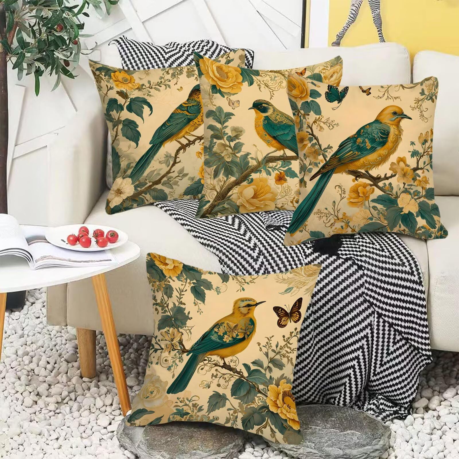 Federe per Cuscini Esterni Impermeabili Lino65 x 65 cm Set di 4, Doppio lato Quadrata Traspirante Cuscini Uccello retrò Primavera Estate Copricuscini, per Soggiorno Giardino Decorazione Regali I-s244