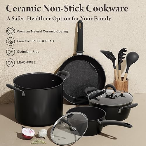 Miniatura 4 de Juego de 18 ollas y sartenes antiadherentes con olla de 12 cuartos de galón, juegos de utensilios de cocina antiadherentes con utensilios, juego de