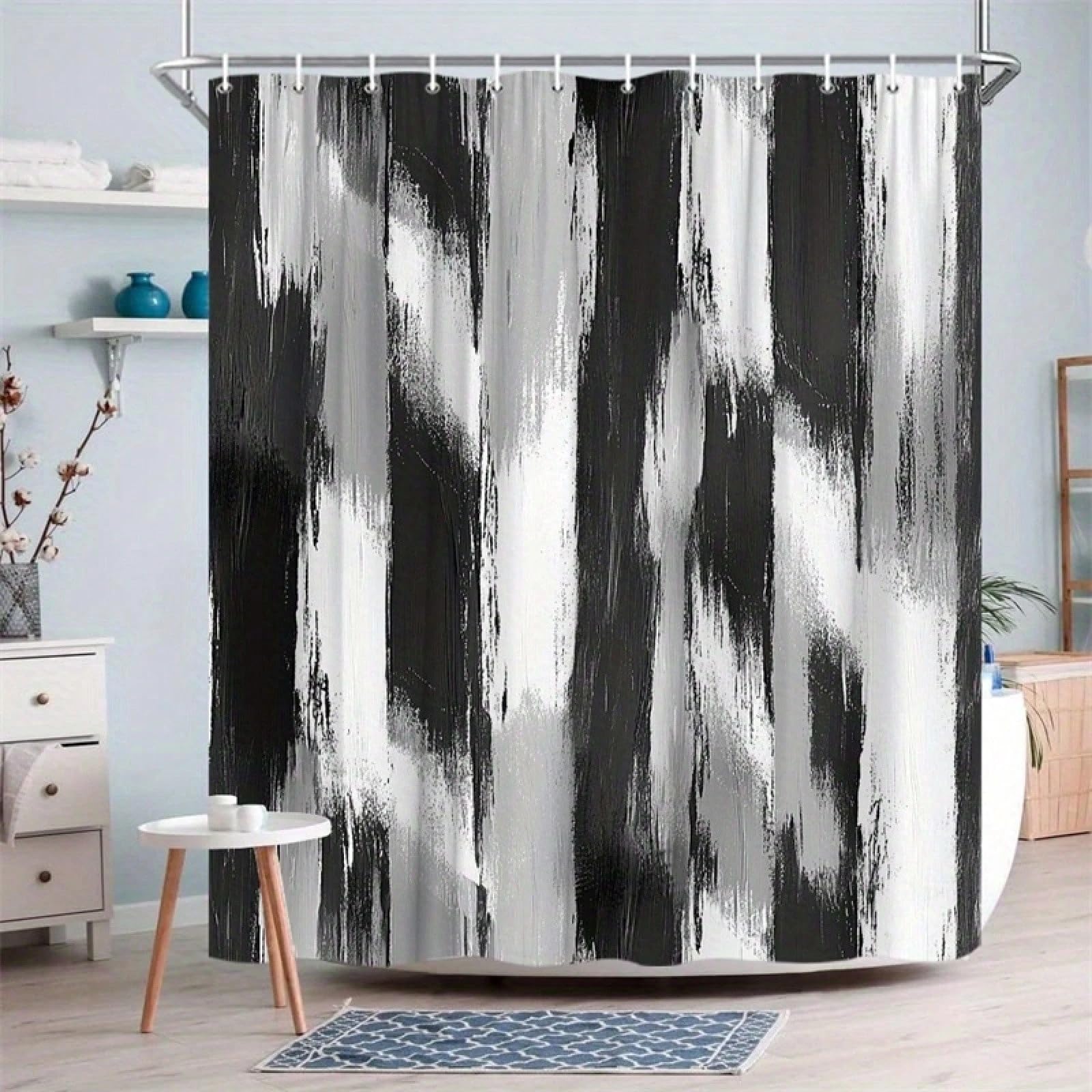 GLKSDLPO 1 Piece Abstract Grayblack Brushstroke Shower Curtain, Material Is Polyester Fabric.Contains 12 Hooks, Washable(180x225cm/71x86in(WxH)