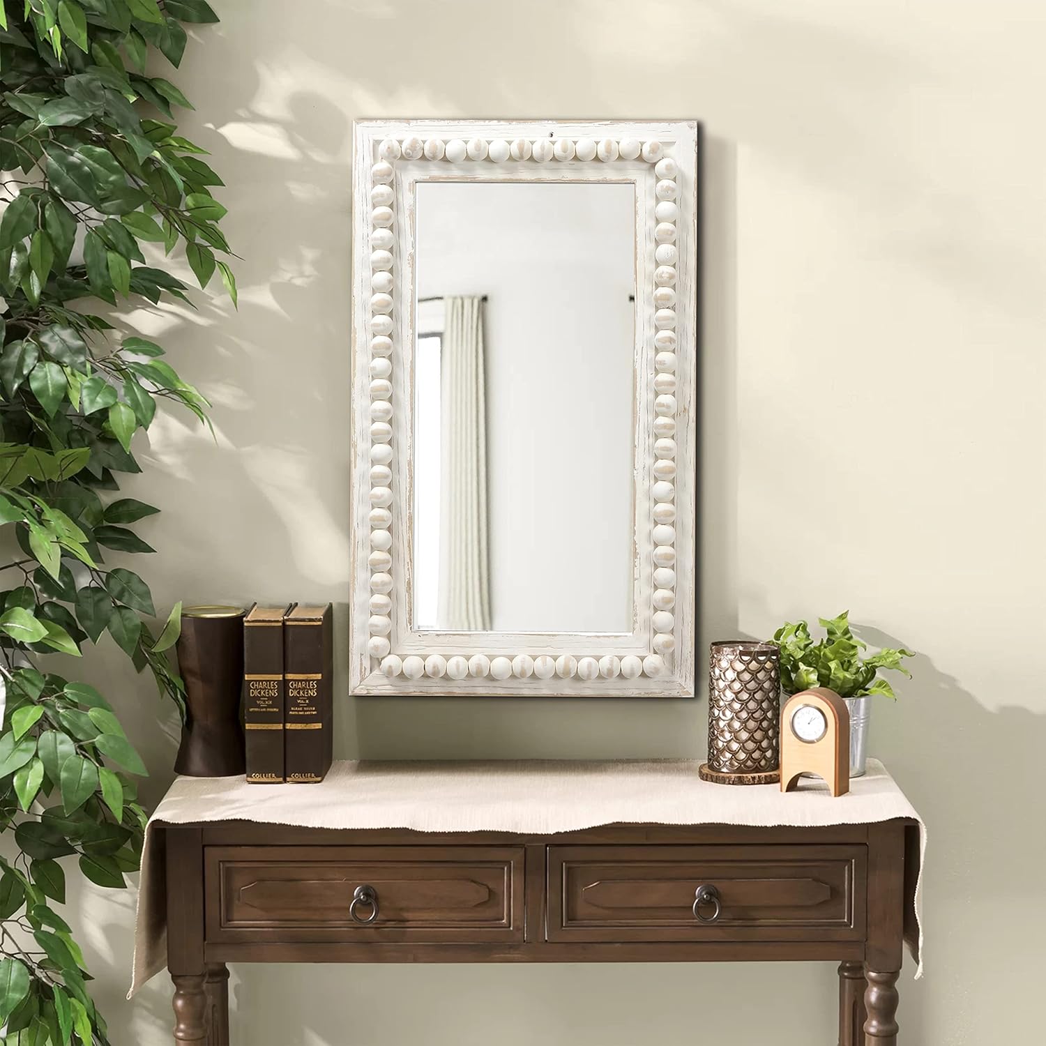 Farmhouse Mirrors for Wall Decor with Beaded Border 24 Inches, Hanging Distressed White Bathroom Mirrors for Vanity, Rustic Wood Framed Rectangular Wall Mirrors Decorative