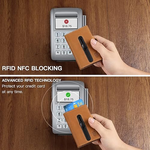 Miniatura 4 de Leaov Cartera delgada de cuero con ventana de identificación, tarjetas emergentes, protección RFID, cartera minimalista para hombres con bolsillo