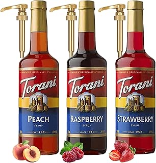 Raspberry, Strawberry, Peach Syrup - Fruit Flavors For Italian Soda Flavoring - 3 Pack with 3 Jimoco Pump Dispensers