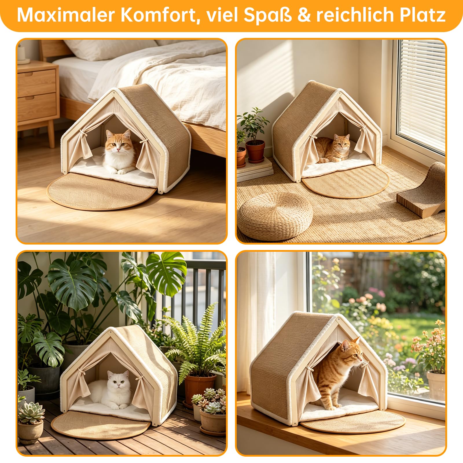 Sisal & Holz Katzenhöhle Katzenhaus Indoor mit Oben Kratzbrett Katze(Beige)