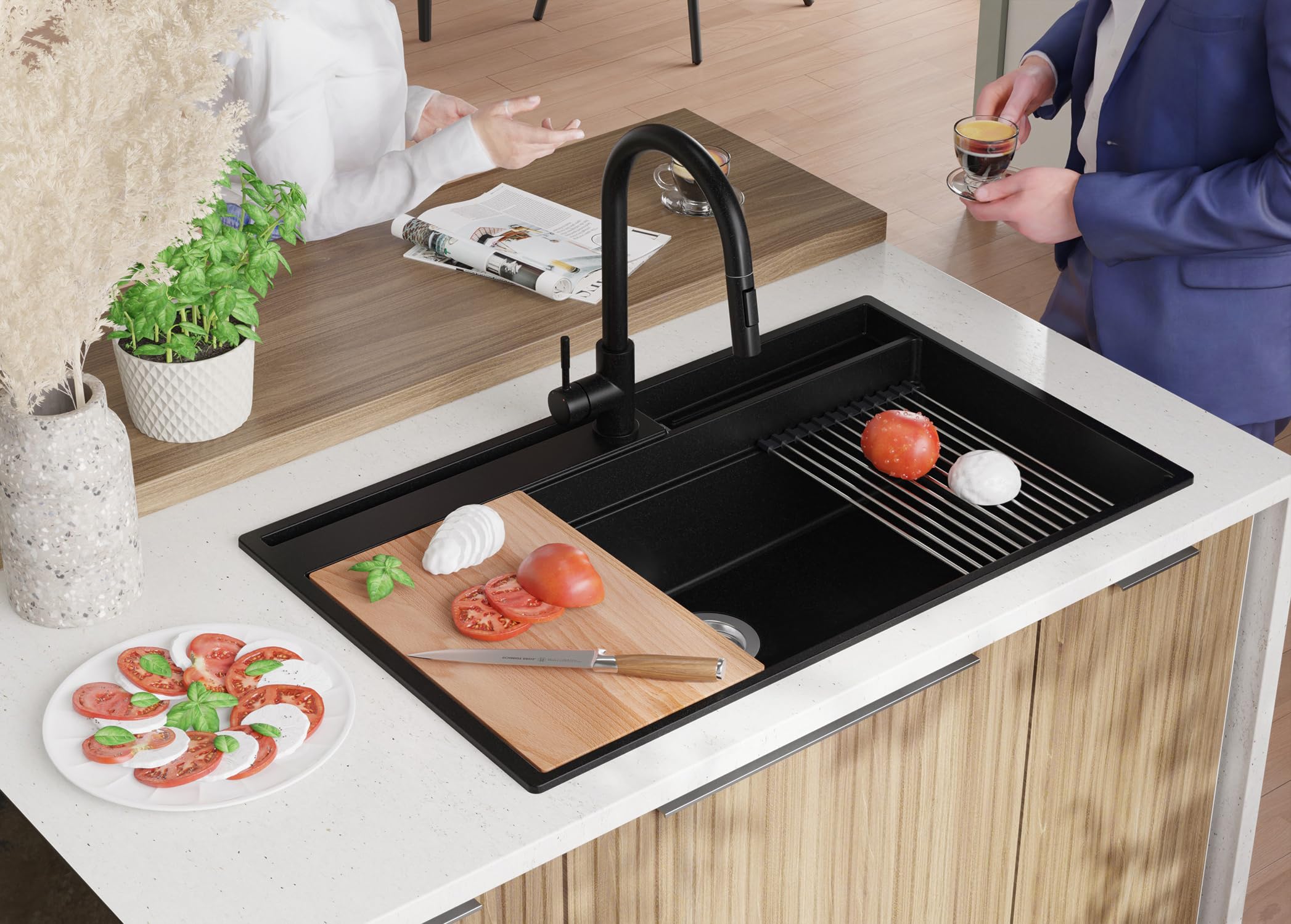 PRIMAGRAN Lavello da Cucina Nero 88x53cm, Lavandino in Granito a 1 vasca + Sifone Classico, Lavabo da Cucina Incasso al Mobile 90cm - Oslo 90 Pocket S455