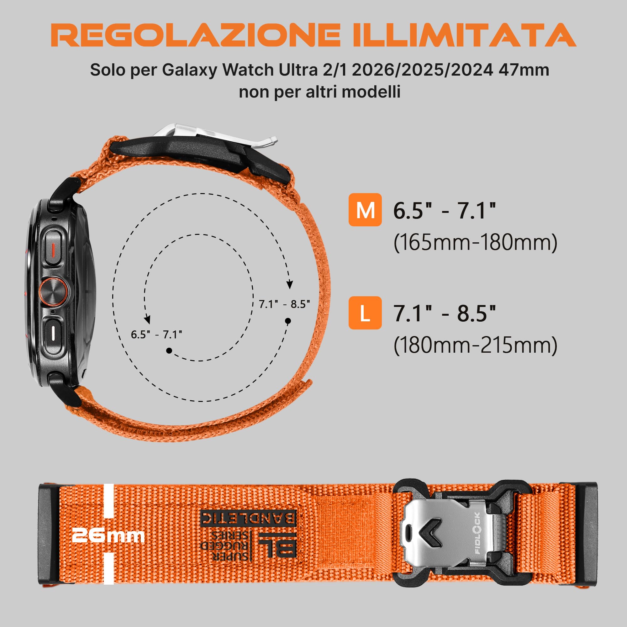 Bandletic Compatibile con Cinturino Samsung Galaxy Watch Ultra/Ultra 2 47mm | Nylon Morbido Traspirante Sport Band con Hebilla Magnética V Fidlock per Galaxy Watch Ultra 47mm per Donne Uomini, Arancia