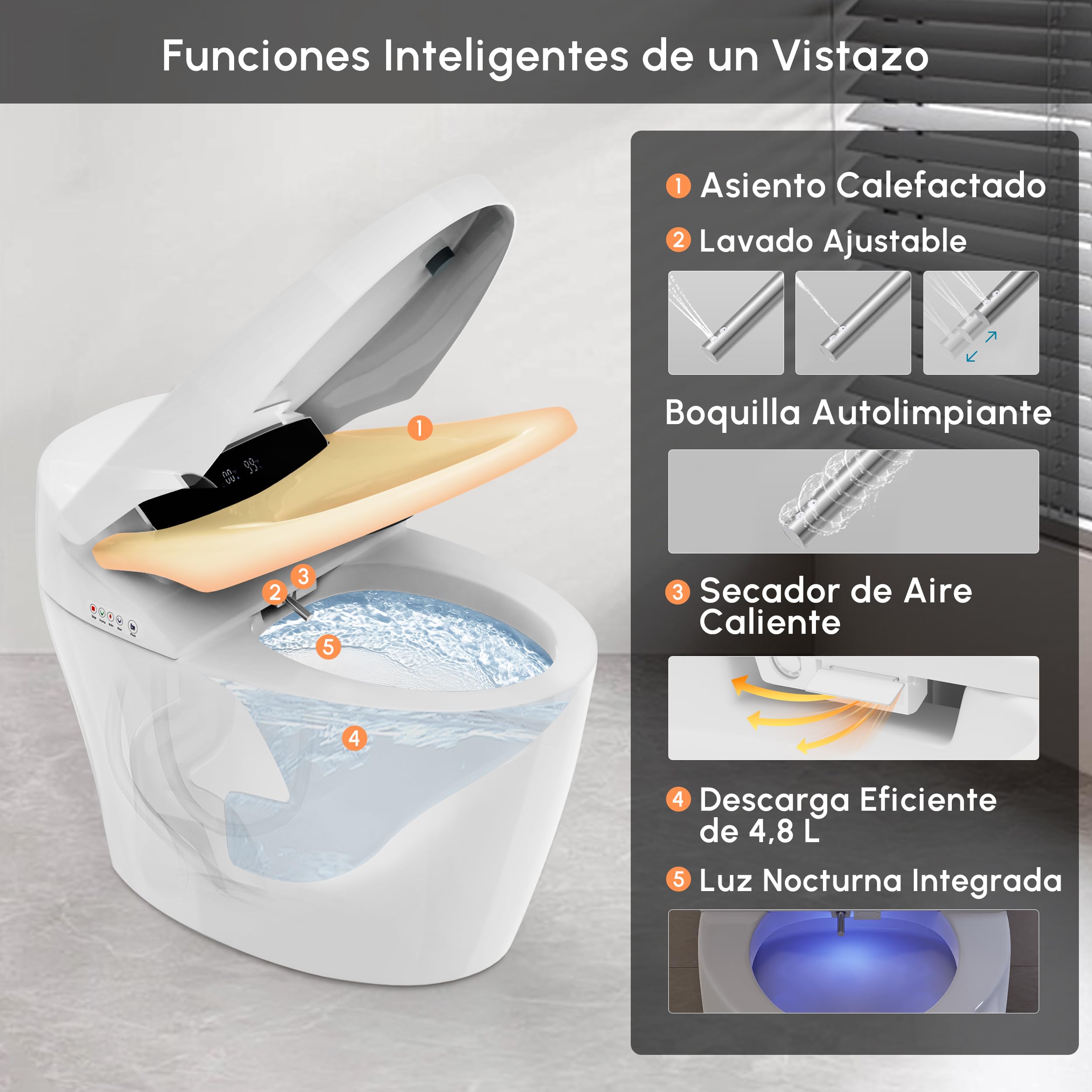 Homary Inodoro Inteligente Japonés Sin depósito con Bidé Integrado Automático, Asiento Calefactable, Luz Nocturna, Estándar Tapa de Accionamiento Manual, Salida al Suelo, J021123088