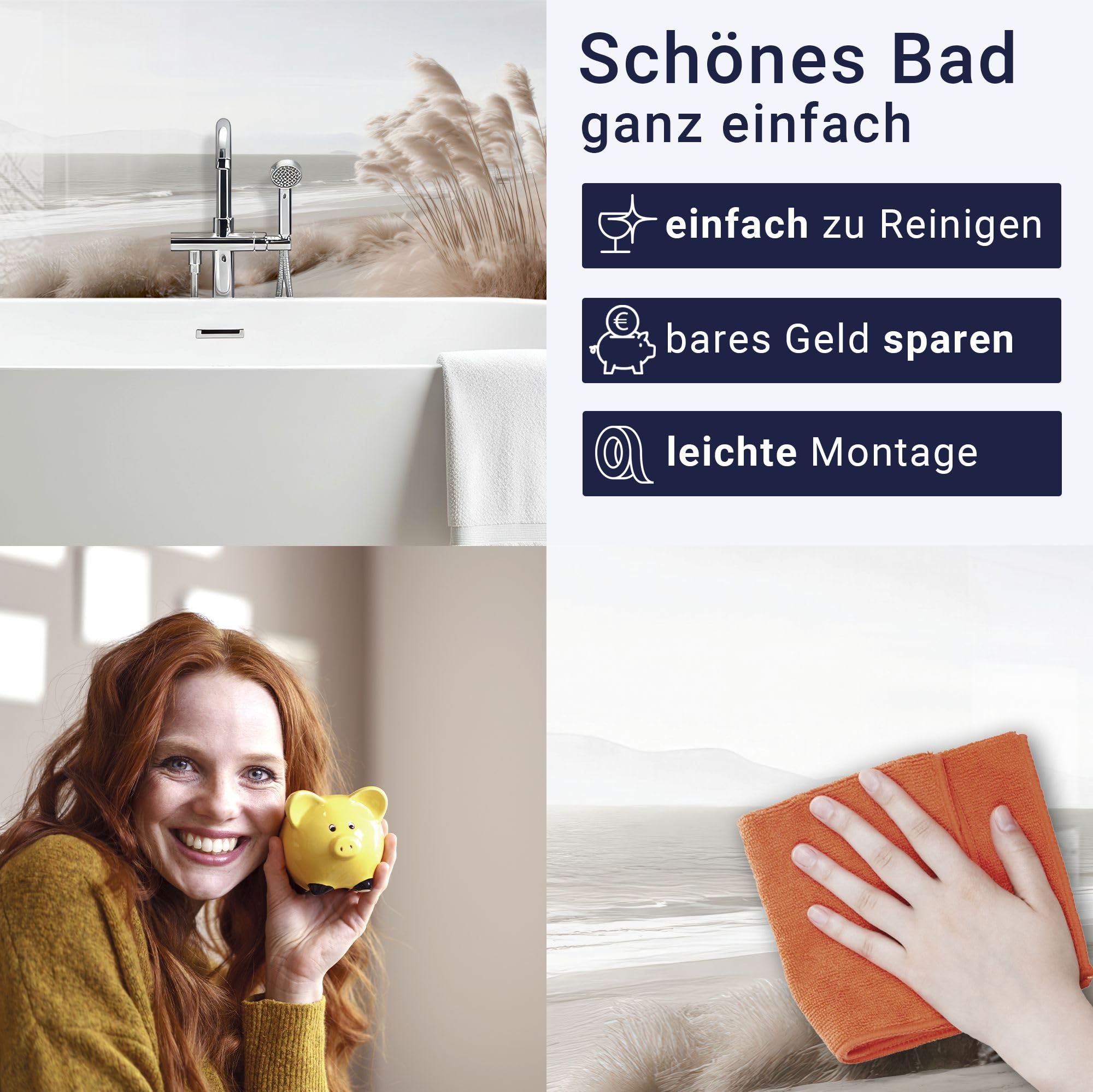 Waschbecken und Badewannenrückwand 200 x 58 cm - aus Acrylglas | Natur, Strand – Pampasgras, Meer, Dünen, Beige, Boho | Wandpaneele Bad Badrückwand Platte Badewanne Rückwand Badezimmer Glasoptik