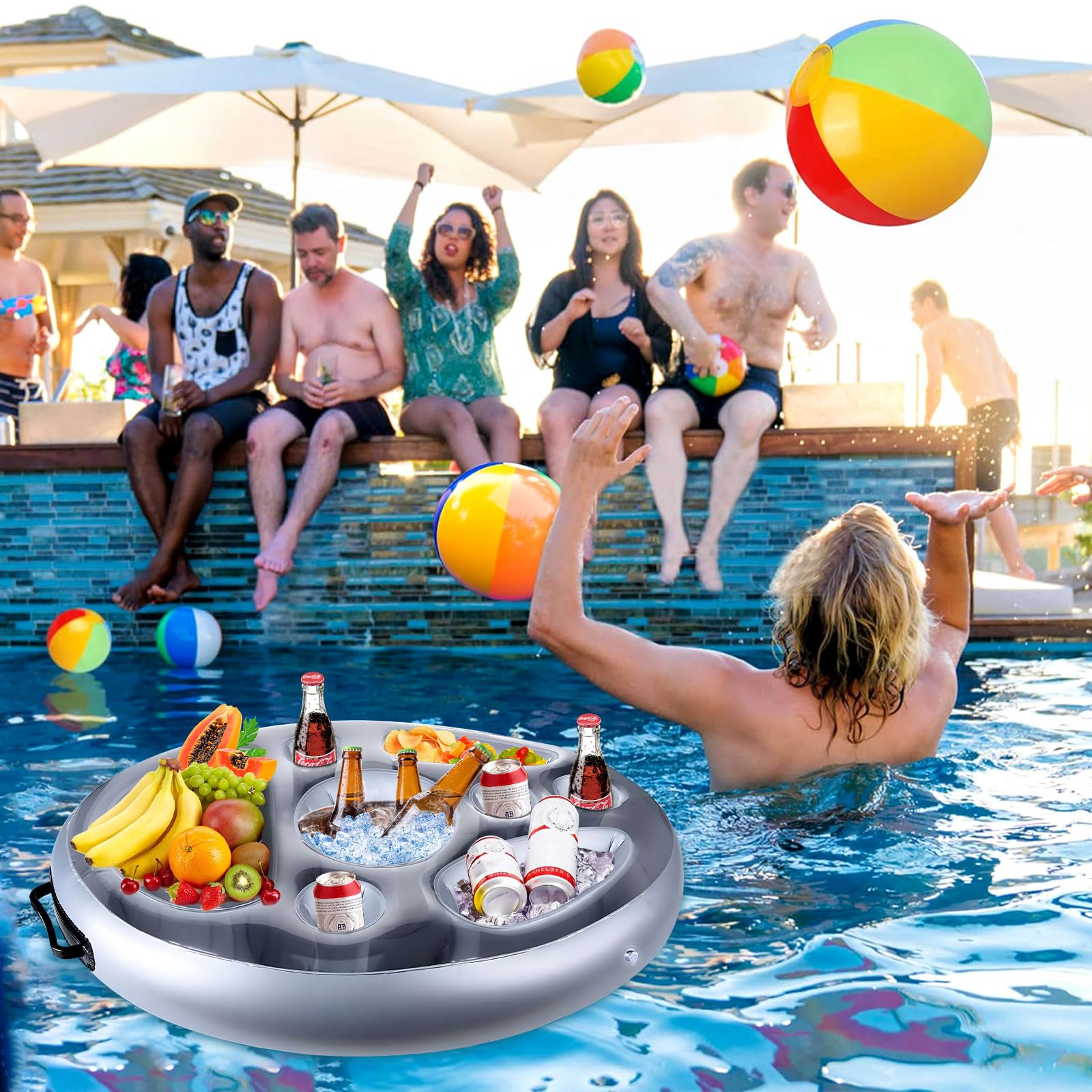 Amzeeniu Portabibite Gonfiabile Portabevande 2-in-1 e Porta Snack Bar Piscina Portabottiglie Galleggiante PVC Portabottiglie Gonfiabile Galleggiante Festa in Piscina Estiva
