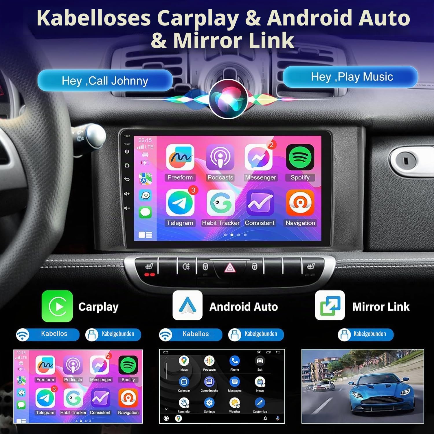 9 Zoll Autoradio für Mercedes Benz Smart Fortwo 2014-2022 mit Car Display mit Wireless Carplay,GPS Navigation Bluetooth FM Rückfahrkamera,2+32G