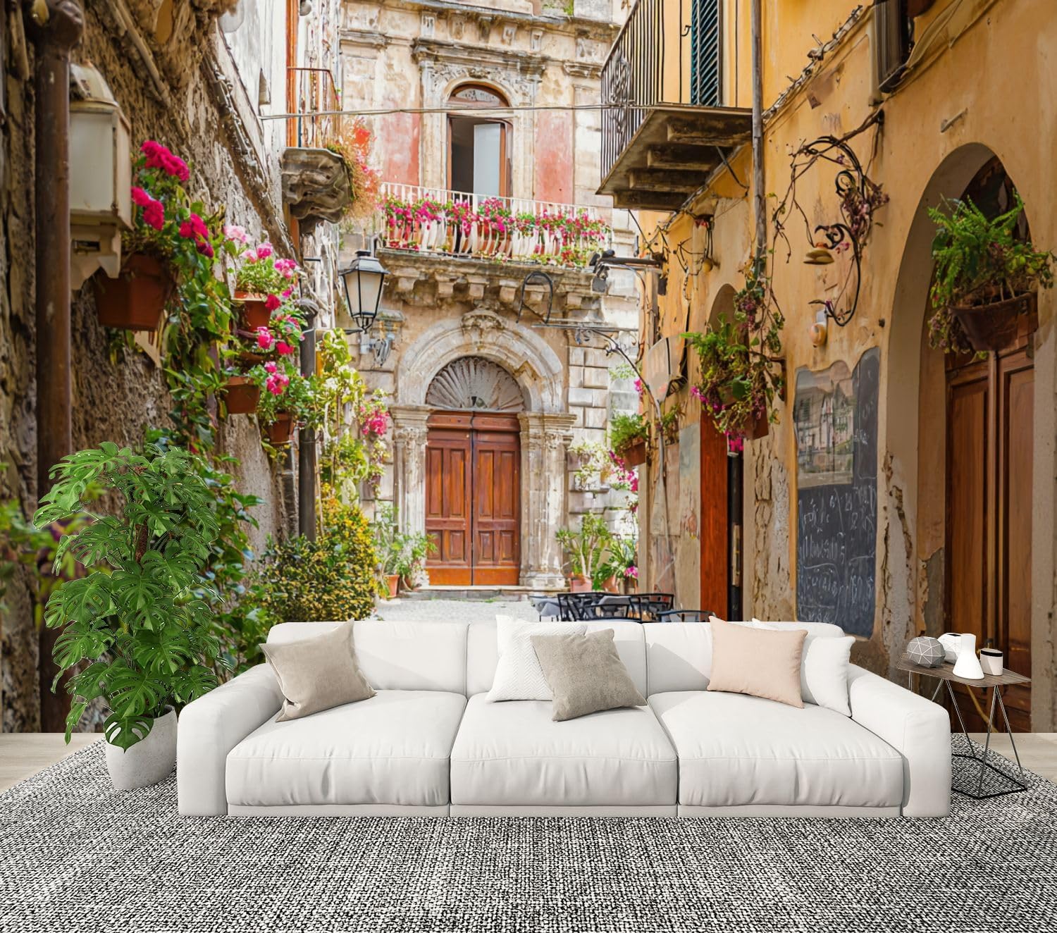 Modern Peel and Stick Wall Mural Wallpaper Cafe Tables Chairs Outside Old Cozy Street Positano Town Italy Self Adhesive Removable Wall Stickers for Living Room Bedroom TV Background 100"x144"