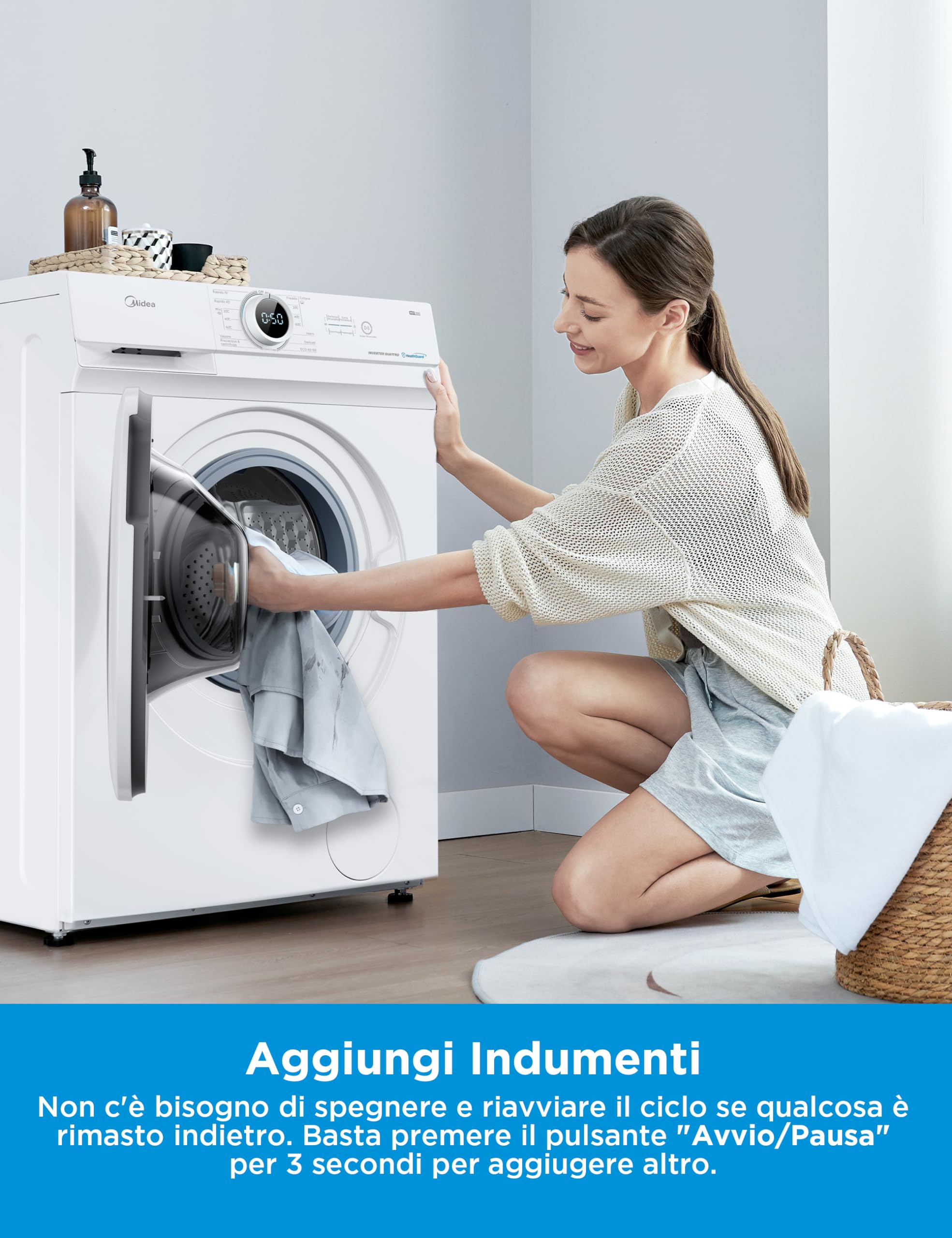 Midea MF10EW70B Lavatrice Slim Carica Frontale, 7 kg, 1400 Giri, Classe A, Vapore, Motore BLDC, Programma Rapido, Varie Temperature dell'Acqua, White