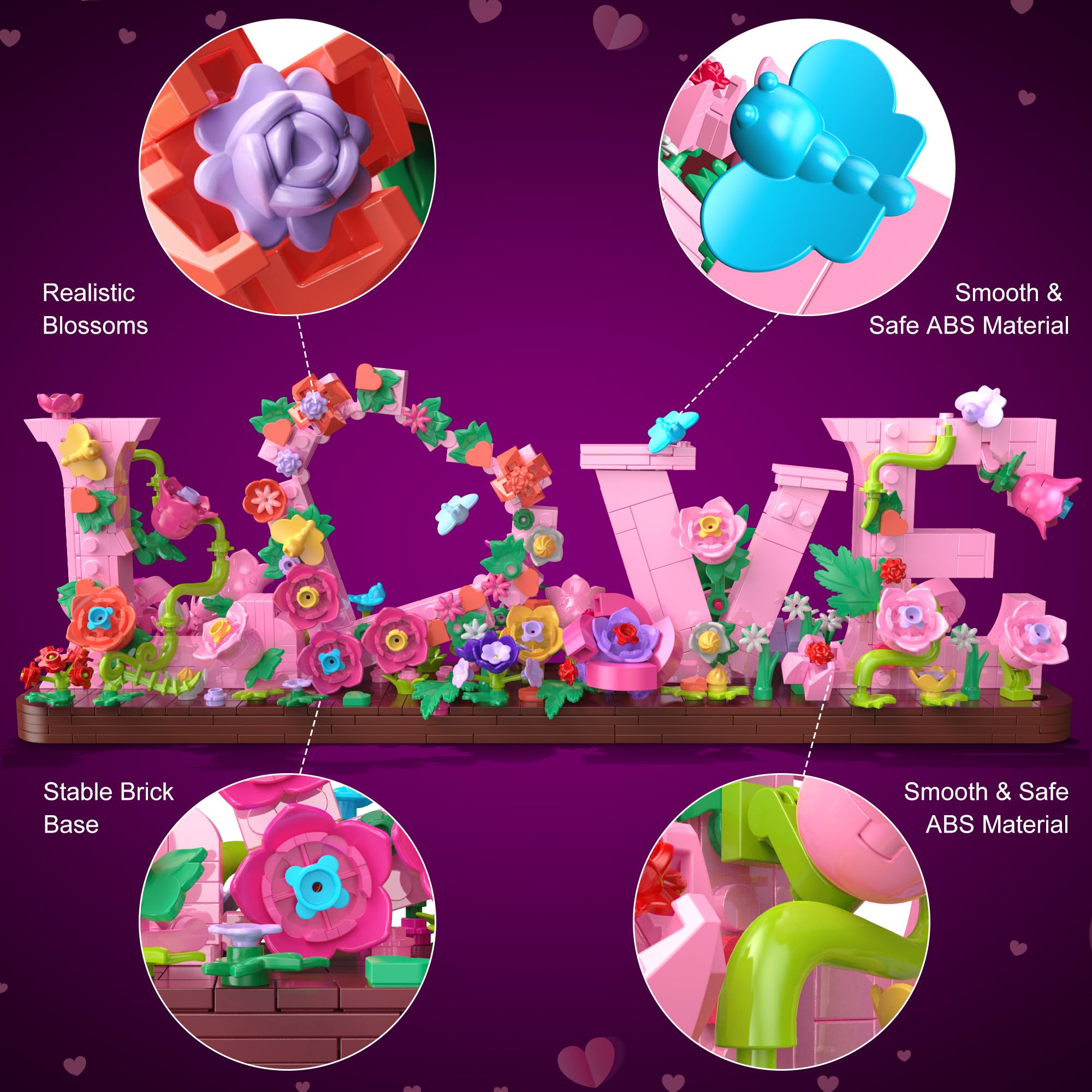 Liebes-Bauset mit Blumen für Erwachsene, 791 Stück Buchstaben-Ziegelstein-Kunstblöcke für Heimdekoration, romantische Geschenke für Kinder, Geburtstag, Valentinstag, Muttertag, Liebesbekennung